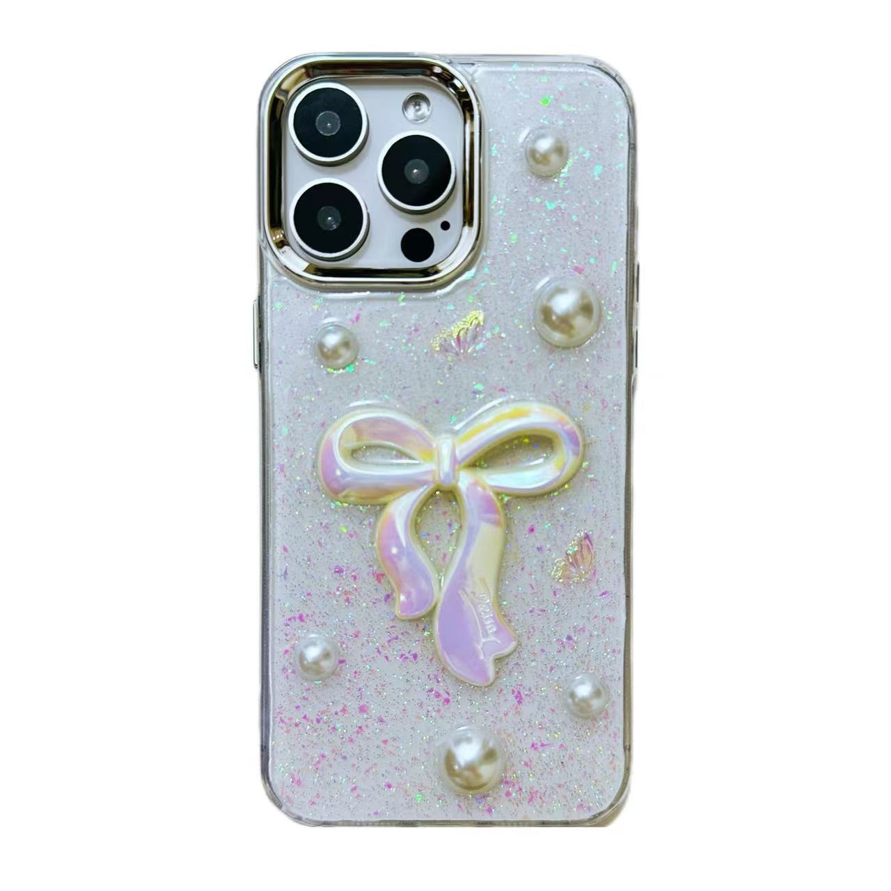 For iPhone 16 3D Bow Pearl Love Flower TPU Phone Case(Pearl Bow)