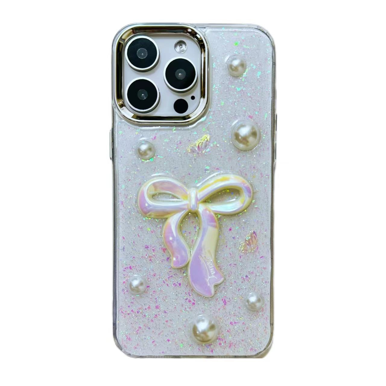 For iPhone 16 Plus 3D Bow Pearl Love Flower TPU Phone Case(Pearl Bow)