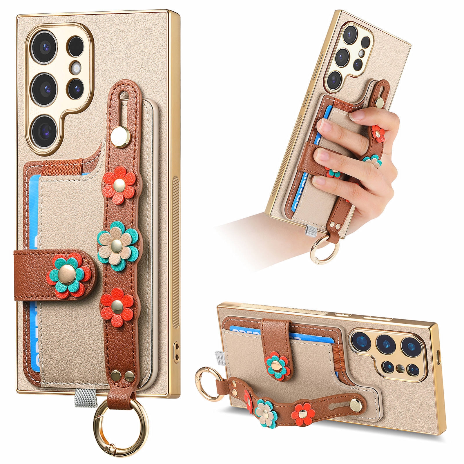 For Samsung Galaxy S23 Ultra 5G Stereoscopic Flowers Wristband Card Bag Phone Case(Khaki) For Samsung Galaxy S23 Ultra 5G Stereoscopic Flowers Wristband Card Bag Phone Case(Khaki)