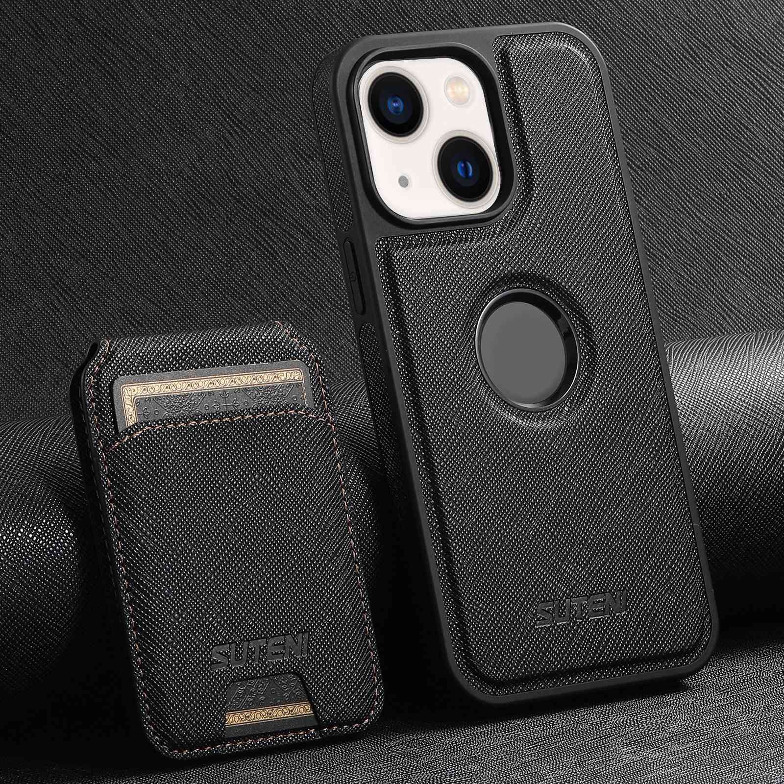 For iPhone 14 Suteni M2 Cross-Grain MagSafe Vertical Card Back Phone Case(Black) For iPhone 14 Suteni M2 Cross-Grain MagSafe Vertical Card Back Phone Case(Black)