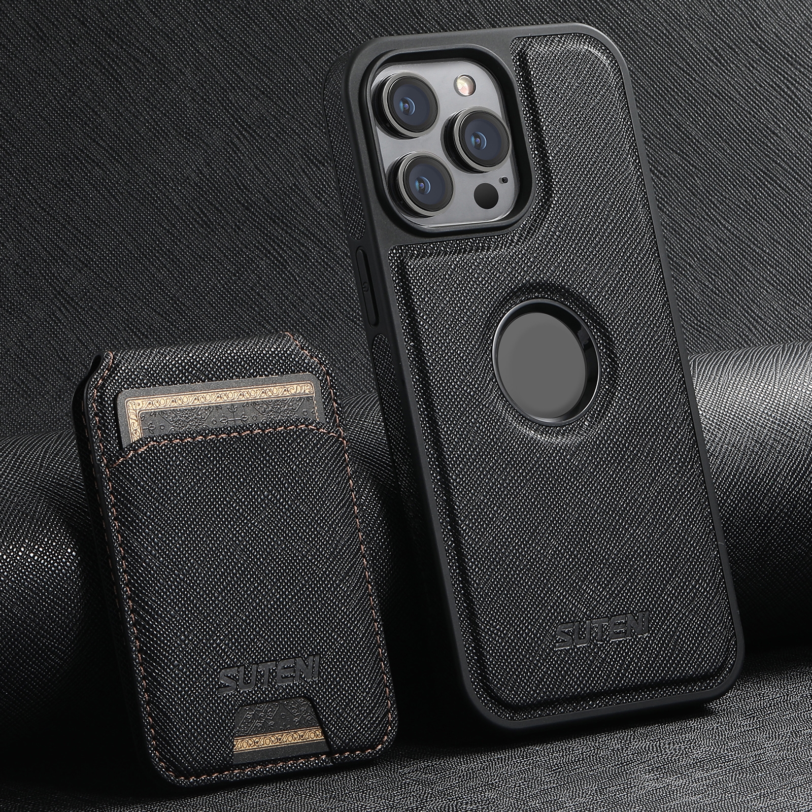 For iPhone 16 Pro Suteni M2 Cross-Grain MagSafe Vertical Card Back Phone Case(Black) For iPhone 16 Pro Suteni M2 Cross-Grain MagSafe Vertical Card Back Phone Case(Black)