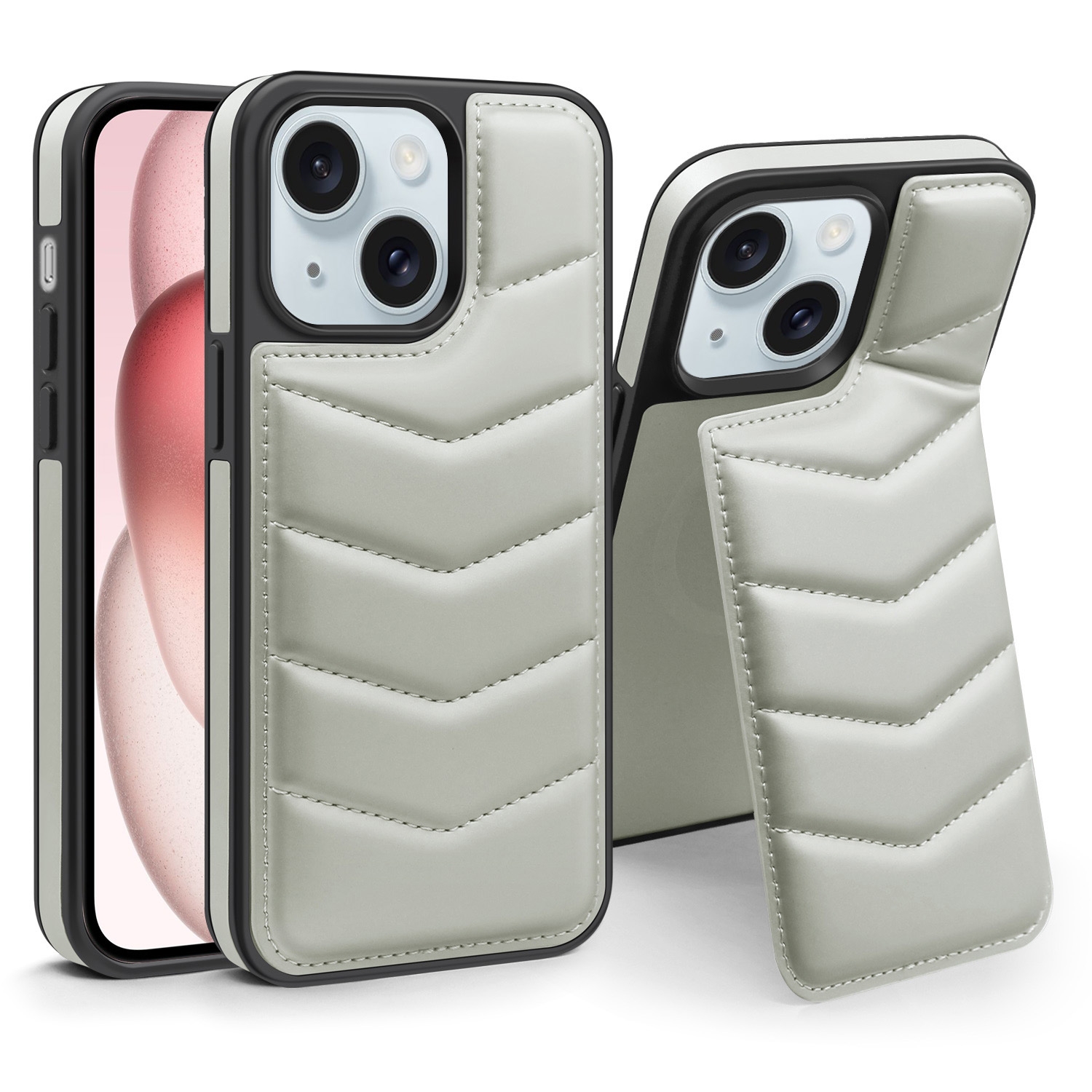 For iPhone 15 Plus Down Jacket Card Bag Holder MagSafe Phone Case(Grey) For iPhone 15 Plus Down Jacket Card Bag Holder MagSafe Phone Case(Grey)