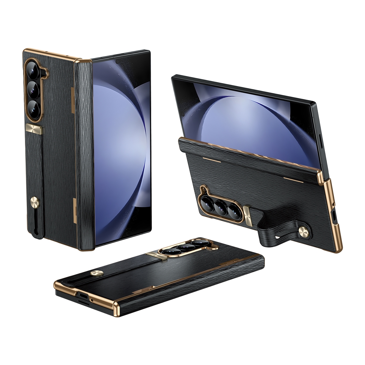 For Samsung Galaxy Z Fold5 Retractable Wrist Strap Invisible Stand Phone Case(Black) For Samsung Galaxy Z Fold5 Retractable Wrist Strap Invisible Stand Phone Case(Black)