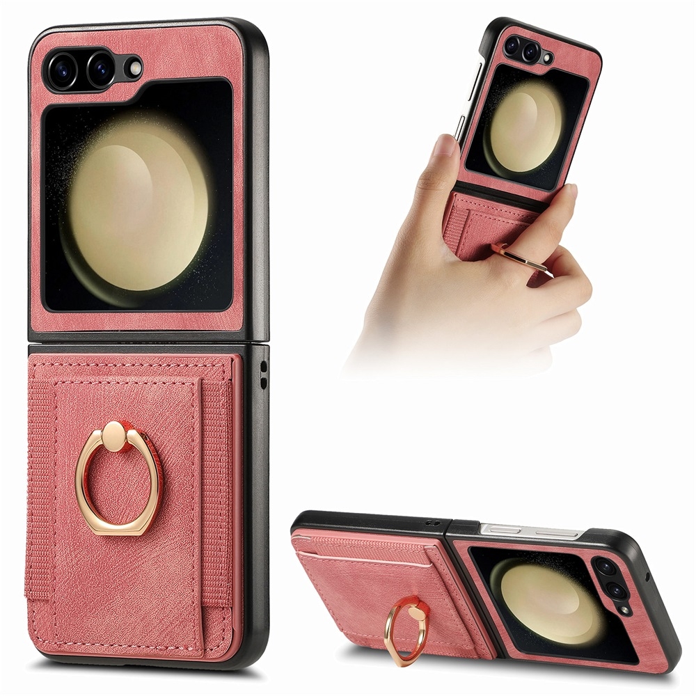 For Samsung Galaxy Z Flip6 JUNSUNMAY Retro Leather Skin PC Folding Phone Case with Phone Ring(Pink) For Samsung Galaxy Z Flip6 JUNSUNMAY Retro Leather Skin PC Folding Phone Case with Phone Ring(Pink)