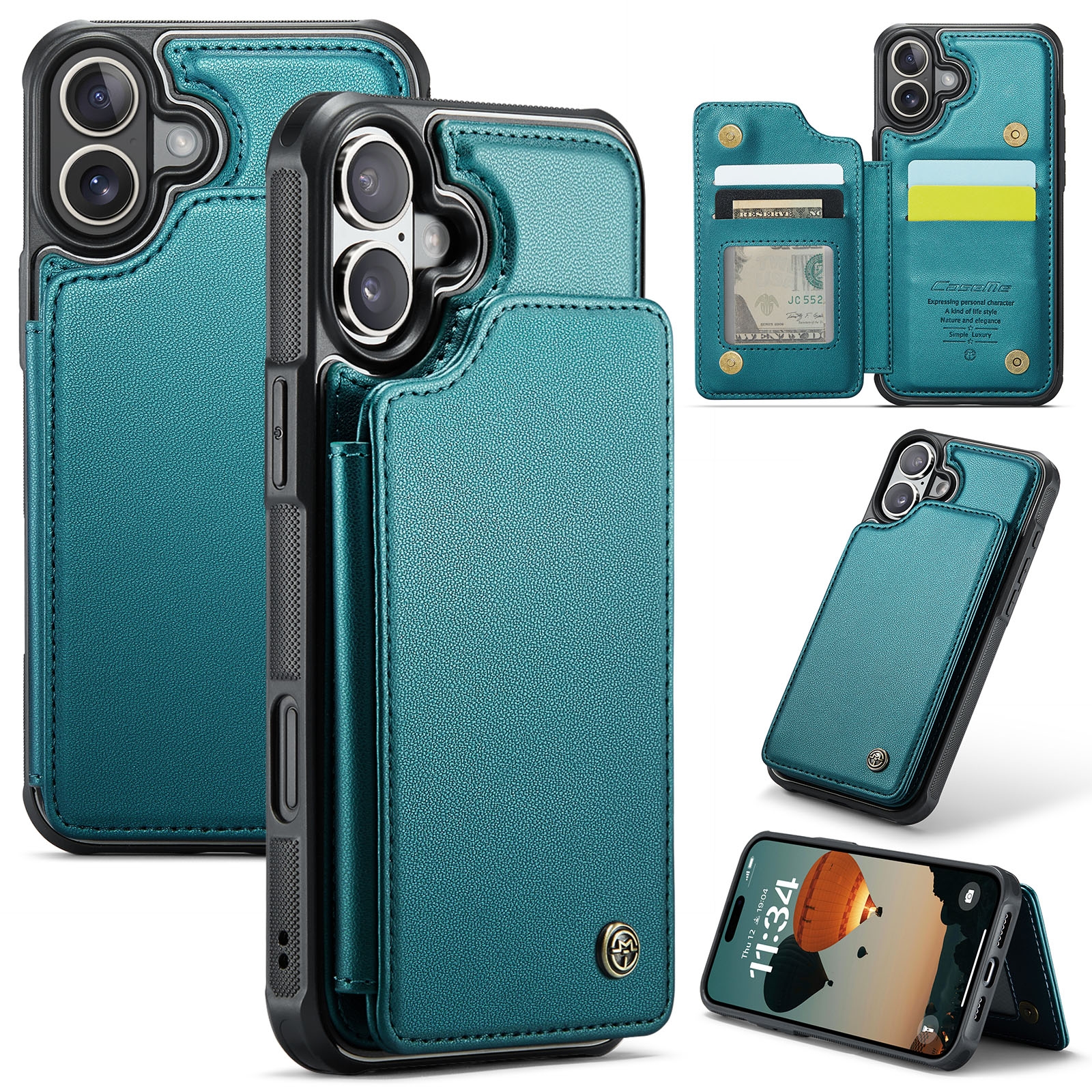 For iPhone 16 CaseMe C22 Card Slots Holder RFID Anti-theft Phone Case(Green) For iPhone 16 CaseMe C22 Card Slots Holder RFID Anti-theft Phone Case(Green)