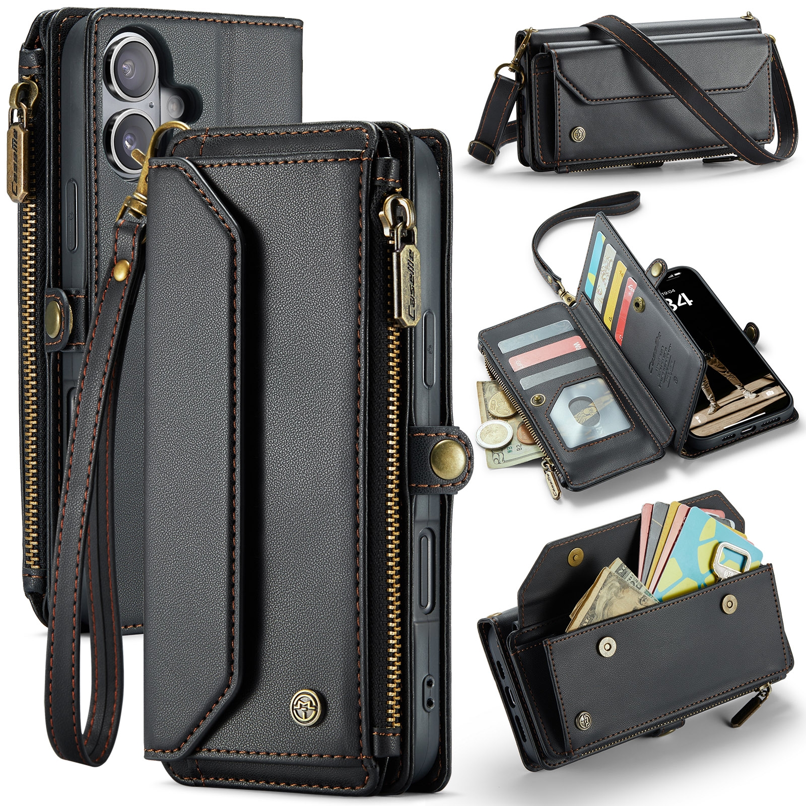 For iPhone 16 Plus CaseMe C36 Card Slots Zipper Wallet RFID Anti-theft Leather Phone Case(Black) For iPhone 16 Plus CaseMe C36 Card Slots Zipper Wallet RFID Anti-theft Leather Phone Case(Black)