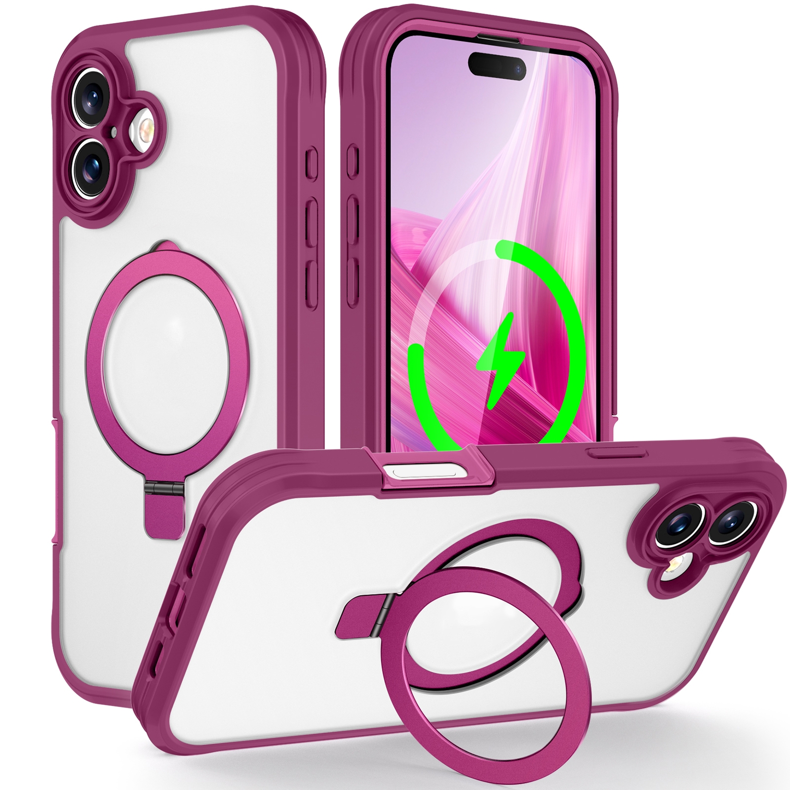For iPhone 16 Plus Skin Feel MagSafe Holder 360 Full Body Phone Case(Rose Red) For iPhone 16 Plus Skin Feel MagSafe Holder 360 Full Body Phone Case(Rose Red)