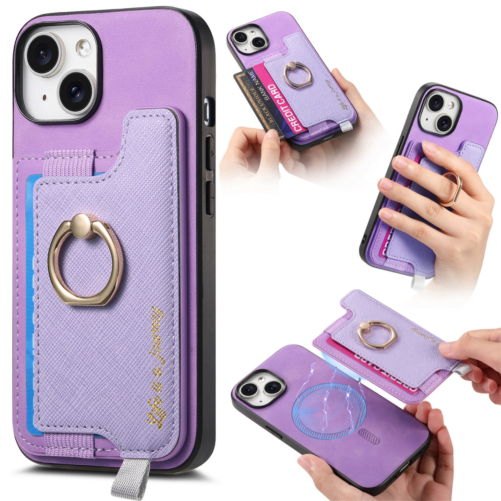 For iPhone 14 Plus Retro Magsafe Cross Leather Ring Holder Card Bag Phone Case(Purple) For iPhone 14 Plus Retro Magsafe Cross Leather Ring Holder Card Bag Phone Case(Purple)