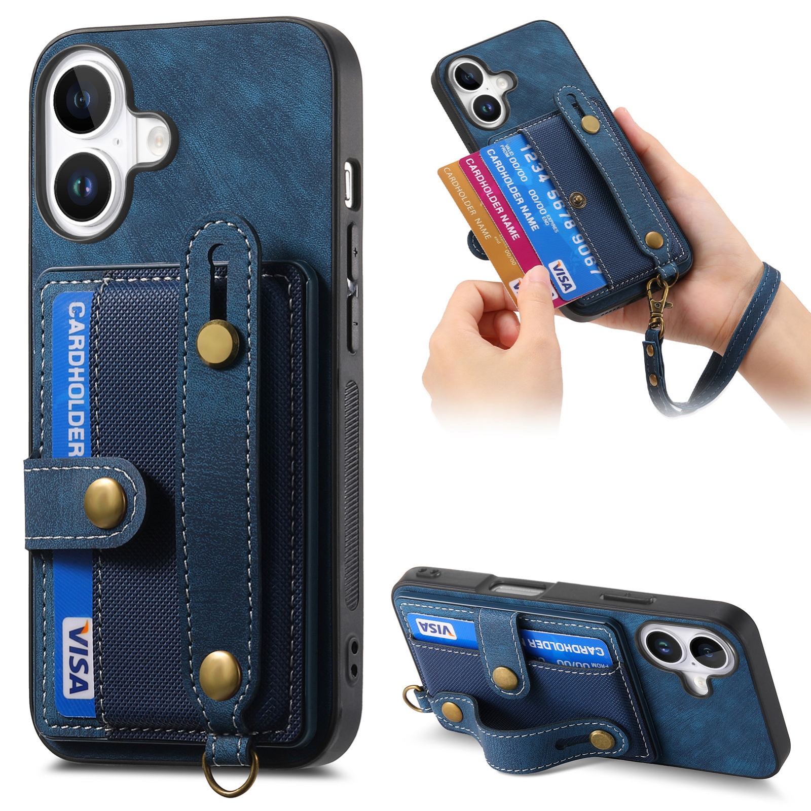 For iPhone 16 Plus Retro Cross Wristband Wallet Leather Back Phone Case(Blue) For iPhone 16 Plus Retro Cross Wristband Wallet Leather Back Phone Case(Blue)