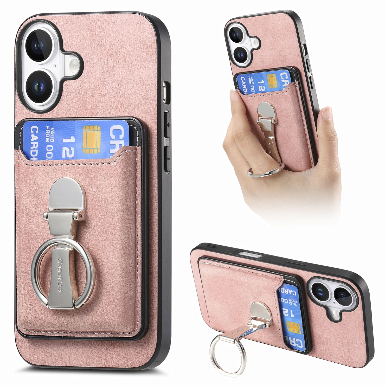 For iPhone 16 Plus Retro Folding Ring Holder Card Bag MagSafe Phone Case(Pink) For iPhone 16 Plus Retro Folding Ring Holder Card Bag MagSafe Phone Case(Pink)