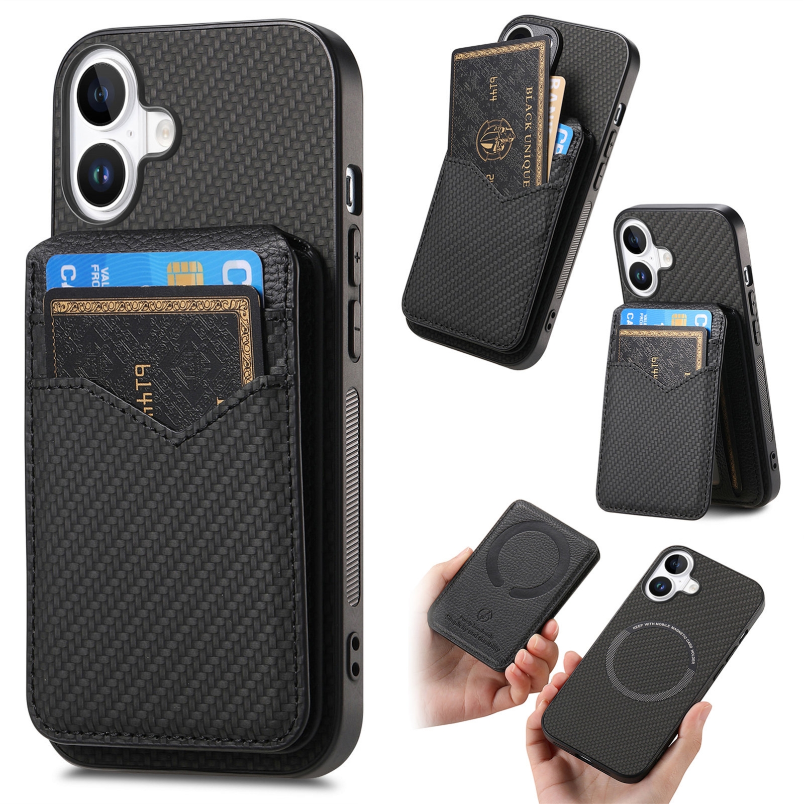 For iPhone 16 Plus Carbon Fiber MagSafe Vertical Flip Card Bag Phone Case(Green) For iPhone 16 Plus Carbon Fiber MagSafe Vertical Flip Card Bag Phone Case(Green)