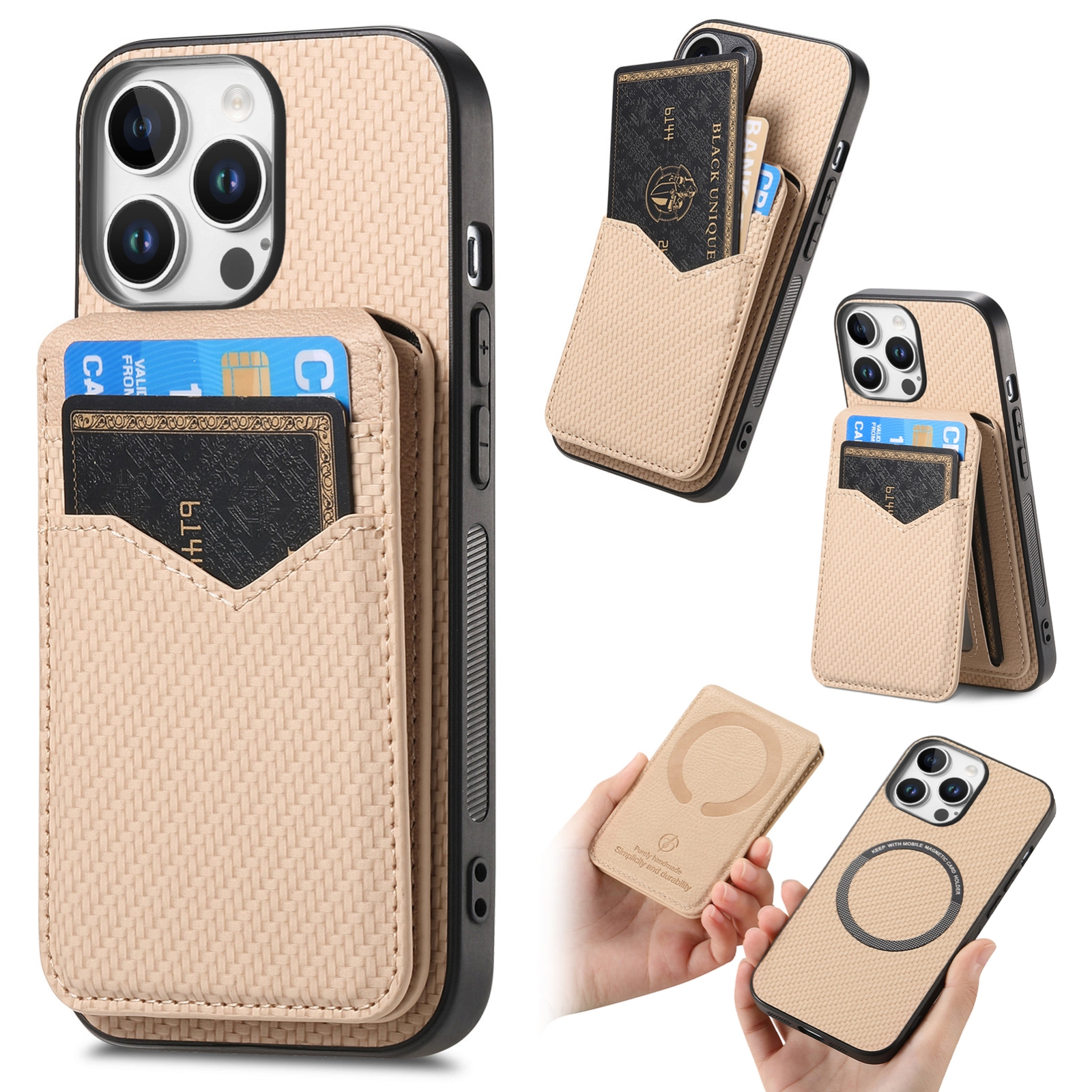 For iPhone 16 Pro Max Carbon Fiber MagSafe Vertical Flip Card Bag Phone Case(Khaki) For iPhone 16 Pro Max Carbon Fiber MagSafe Vertical Flip Card Bag Phone Case(Khaki)
