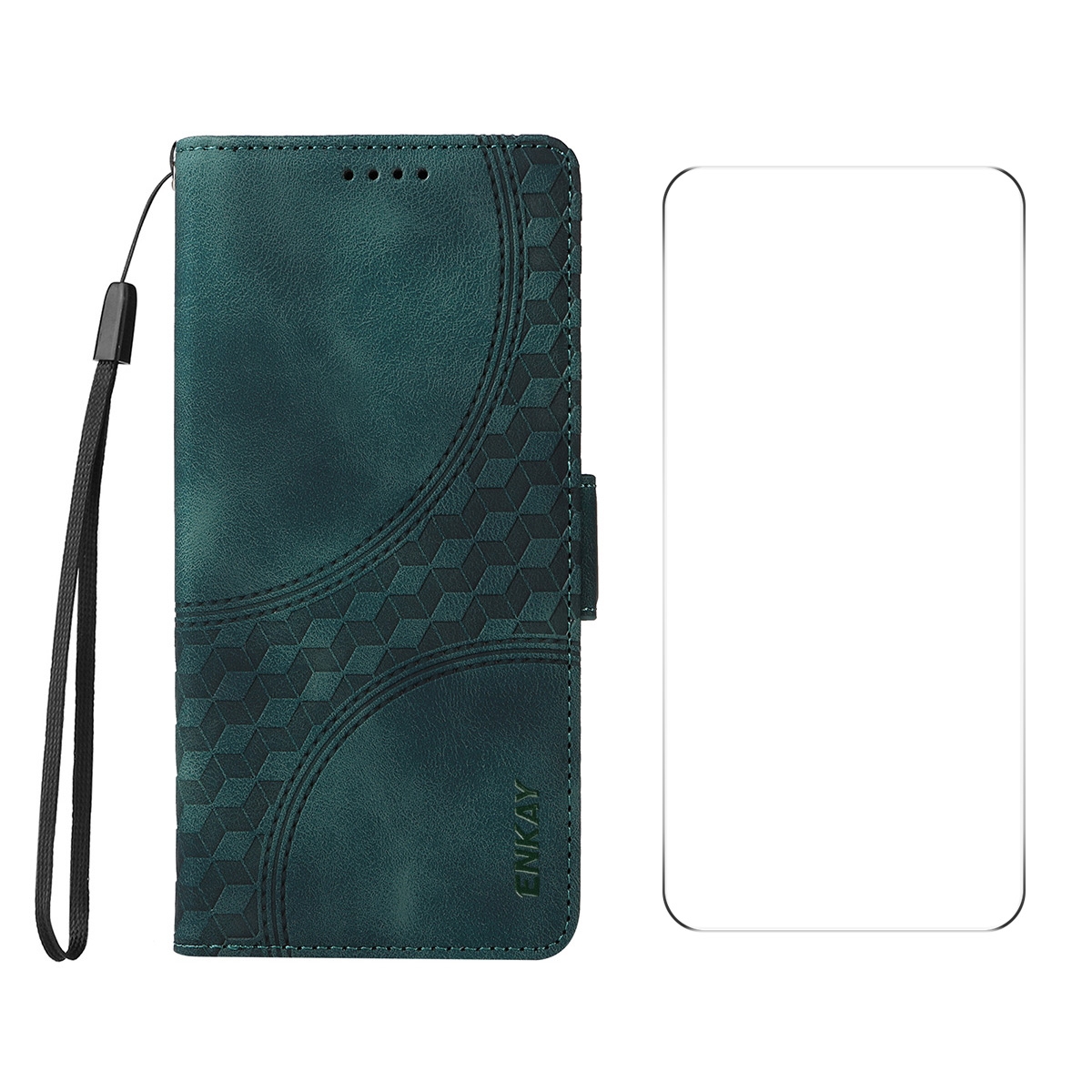 For iPhone 16 Plus ENKAY Embossed Rhombus Starry Leather Phone Case with Screen Film(Green) For iPhone 16 Plus ENKAY Embossed Rhombus Starry Leather Phone Case with Screen Film(Green)