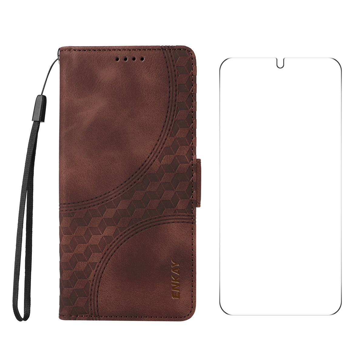 For Samsung Galaxy S25 5G / S24 5G ENKAY Embossed Rhombus Starry Leather Phone Case with Screen Film(Brown)