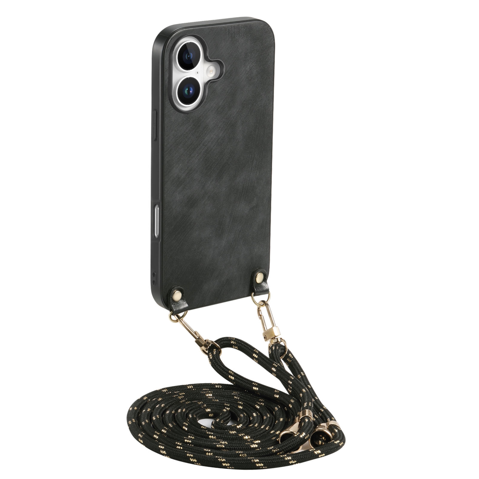 For iPhone 16 Plus Vintage Leather PC Back Cover Phone Case with Crossbody Strap(Black) For iPhone 16 Plus Vintage Leather PC Back Cover Phone Case with Crossbody Strap(Black)