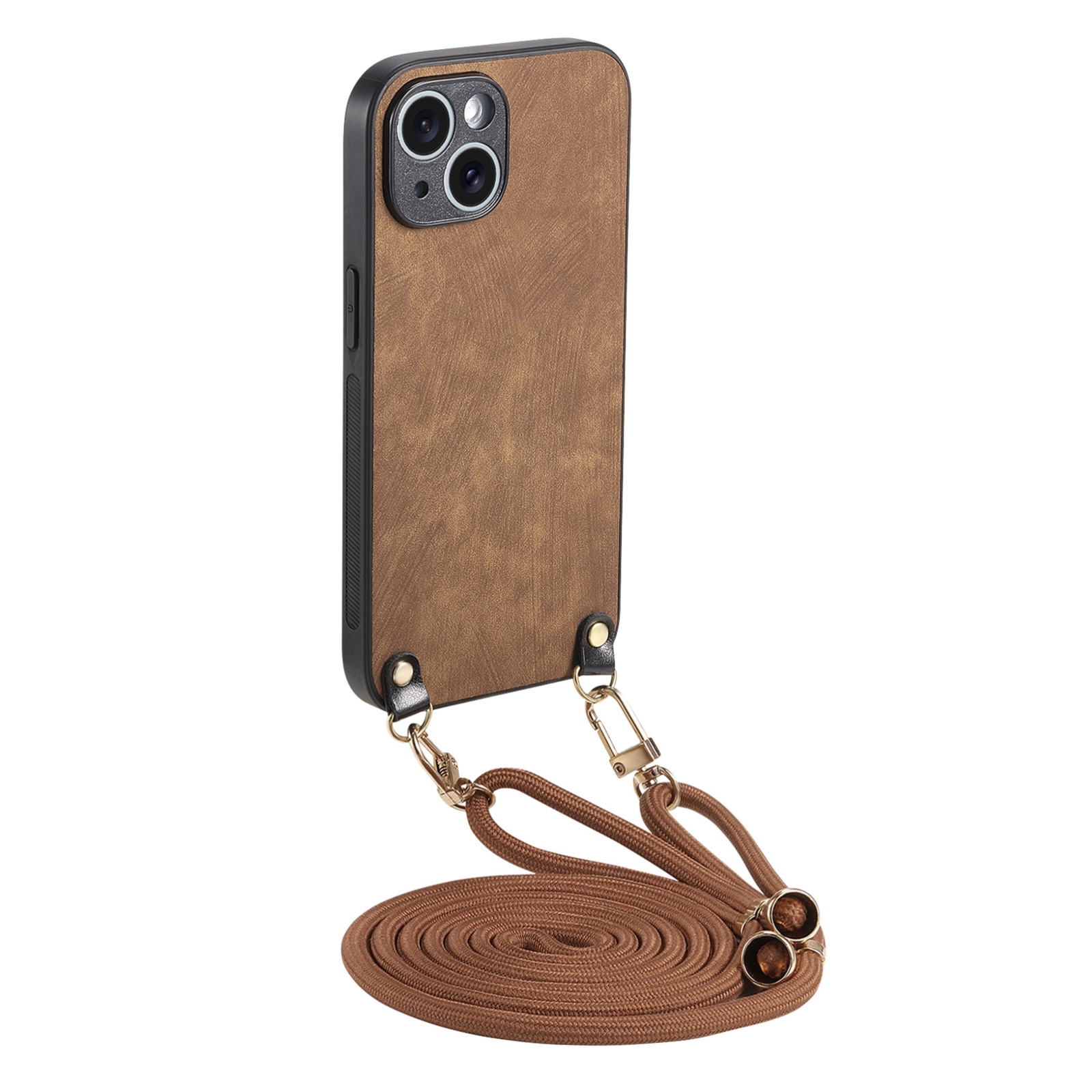 For iPhone 15 Vintage Leather PC Back Cover Phone Case with Crossbody Strap(Brown) For iPhone 15 Vintage Leather PC Back Cover Phone Case with Crossbody Strap(Brown)