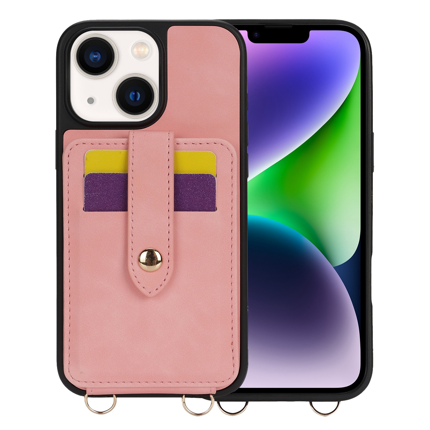 For iPhone 14 Plus Crossbody Skin Card Bag Lanyard Phone Case(Pink) For iPhone 14 Plus Crossbody Skin Card Bag Lanyard Phone Case(Pink)