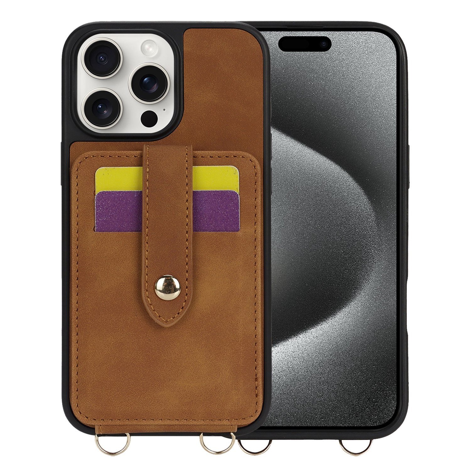 For iPhone 15 Pro Crossbody Skin Card Bag Lanyard Phone Case(Brown) For iPhone 15 Pro Crossbody Skin Card Bag Lanyard Phone Case(Brown)