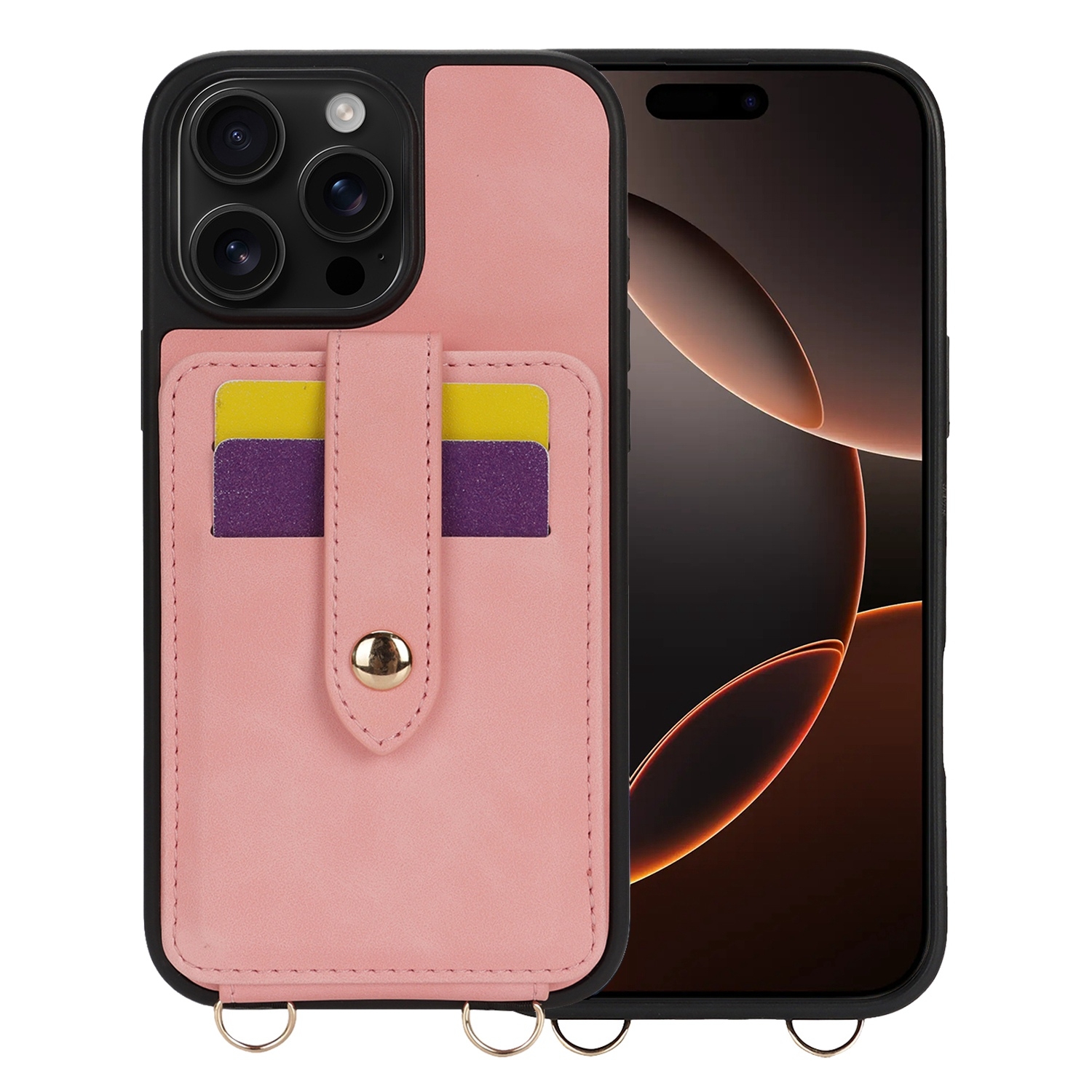 For iPhone 16 Pro Max Crossbody Skin Card Bag Lanyard Phone Case(Pink) For iPhone 16 Pro Max Crossbody Skin Card Bag Lanyard Phone Case(Pink)