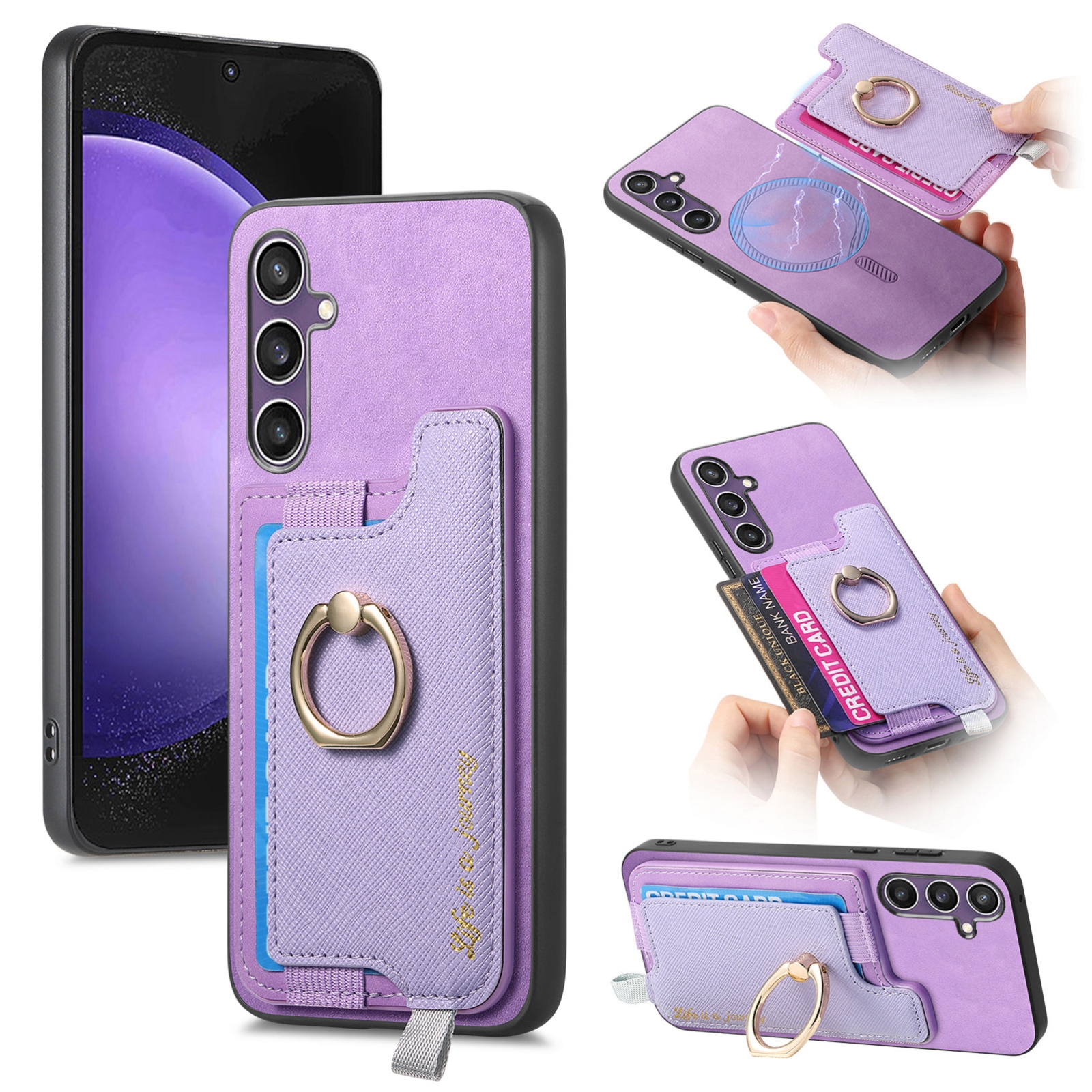 For Samsung Galaxy S24 FE 5G Retro Cross Leather Ring Horizontal Insert Card Bag MagSafe Phone Case(Purple) For Samsung Galaxy S24 FE 5G Retro Cross Leather Ring Horizontal Insert Card Bag MagSafe Phone Case(Purple)