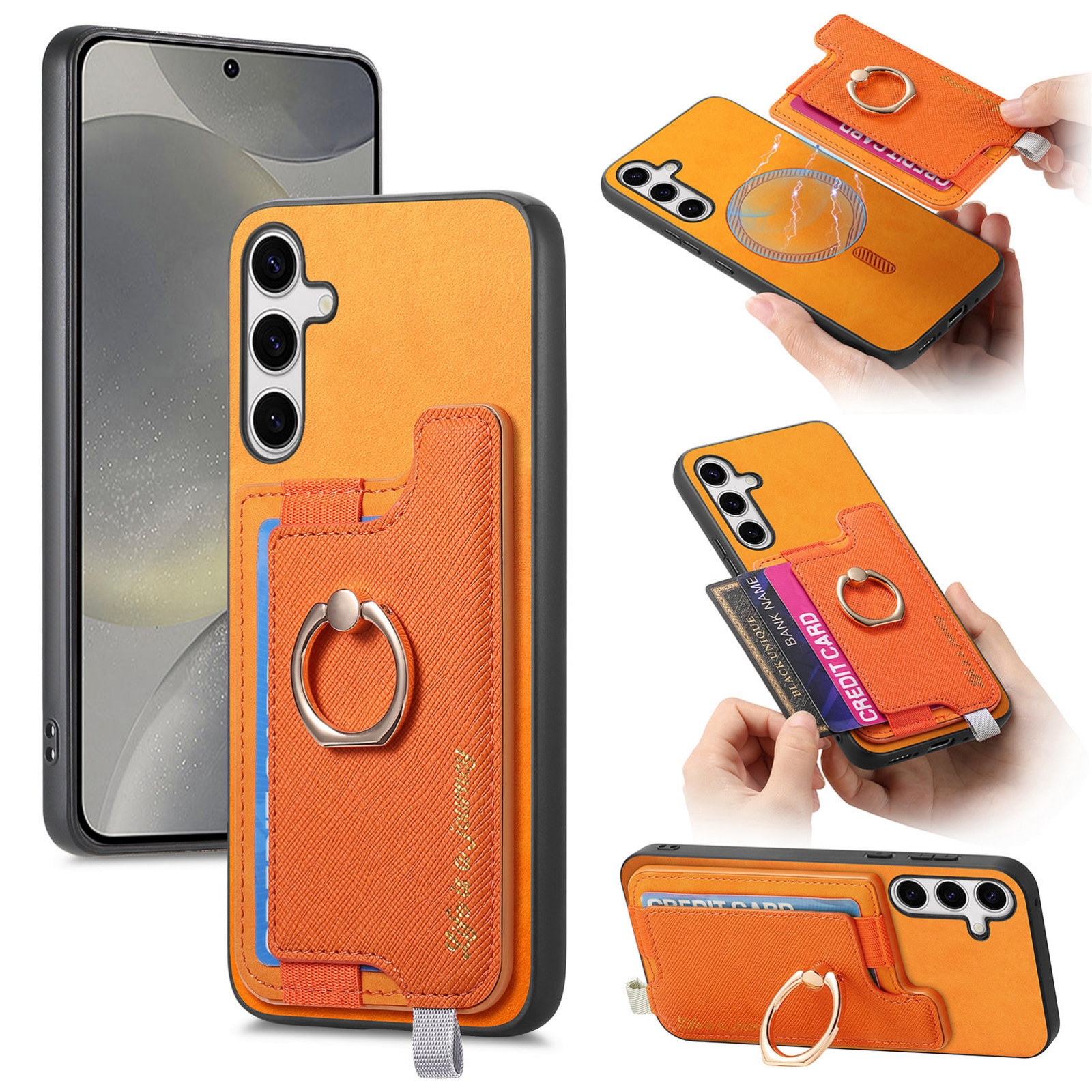 For Samsung Galaxy S25 5G Retro Cross Leather Ring Horizontal Insert Card Bag MagSafe Phone Case(Yellow) For Samsung Galaxy S25 5G Retro Cross Leather Ring Horizontal Insert Card Bag MagSafe Phone Case(Yellow)