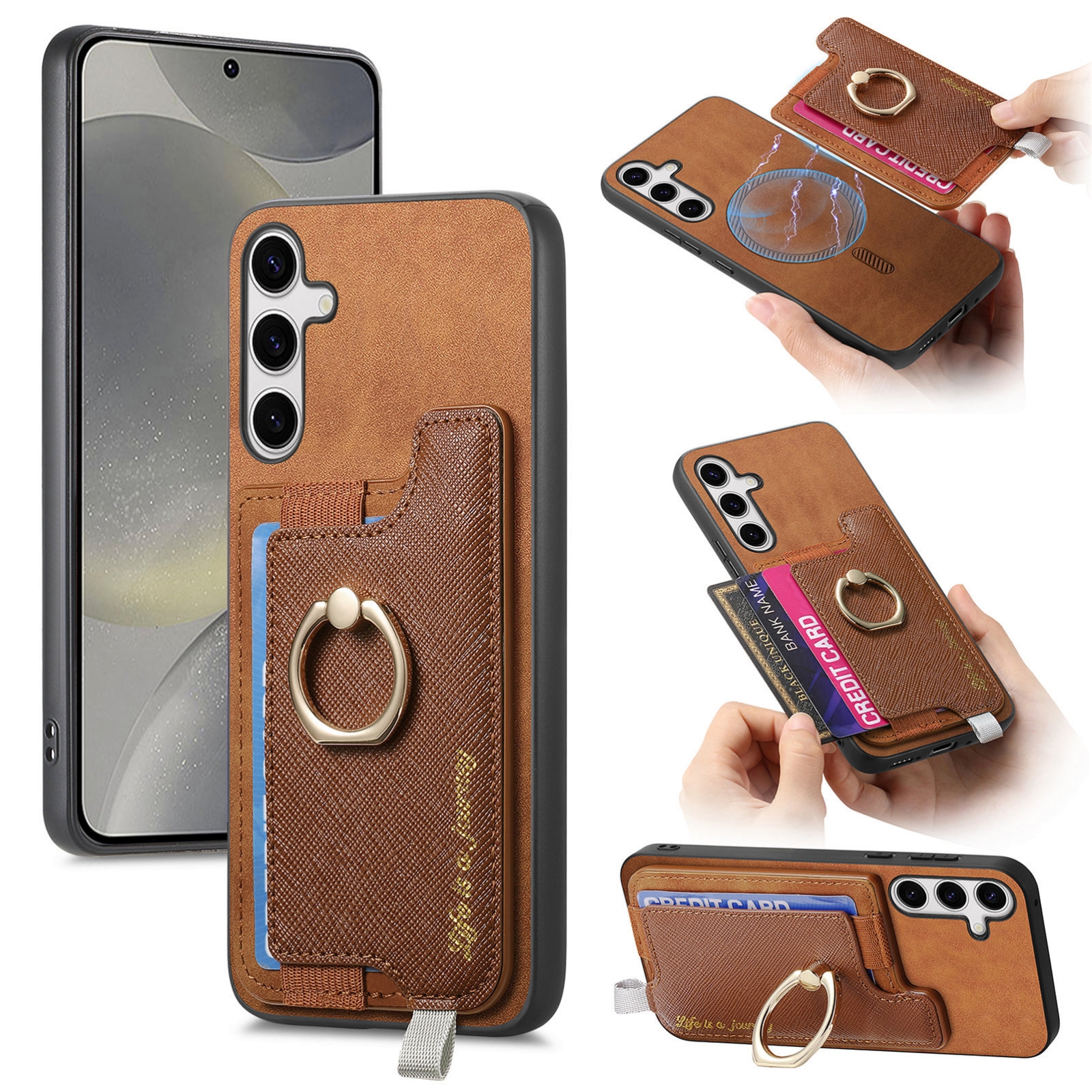 For Samsung Galaxy S25+ 5G Retro Cross Leather Ring Horizontal Insert Card Bag MagSafe Phone Case(Brown) For Samsung Galaxy S25+ 5G Retro Cross Leather Ring Horizontal Insert Card Bag MagSafe Phone Case(Brown)