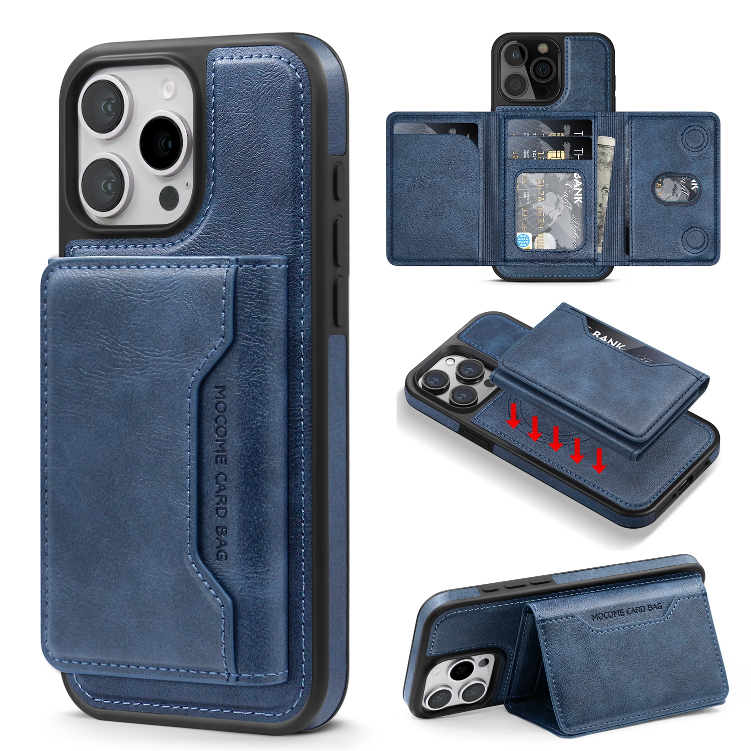 For iPhone 15 Pro Shield Multi-functional MagSafe Card Bag Phone Case(Blue) For iPhone 15 Pro Shield Multi-functional MagSafe Card Bag Phone Case(Blue)