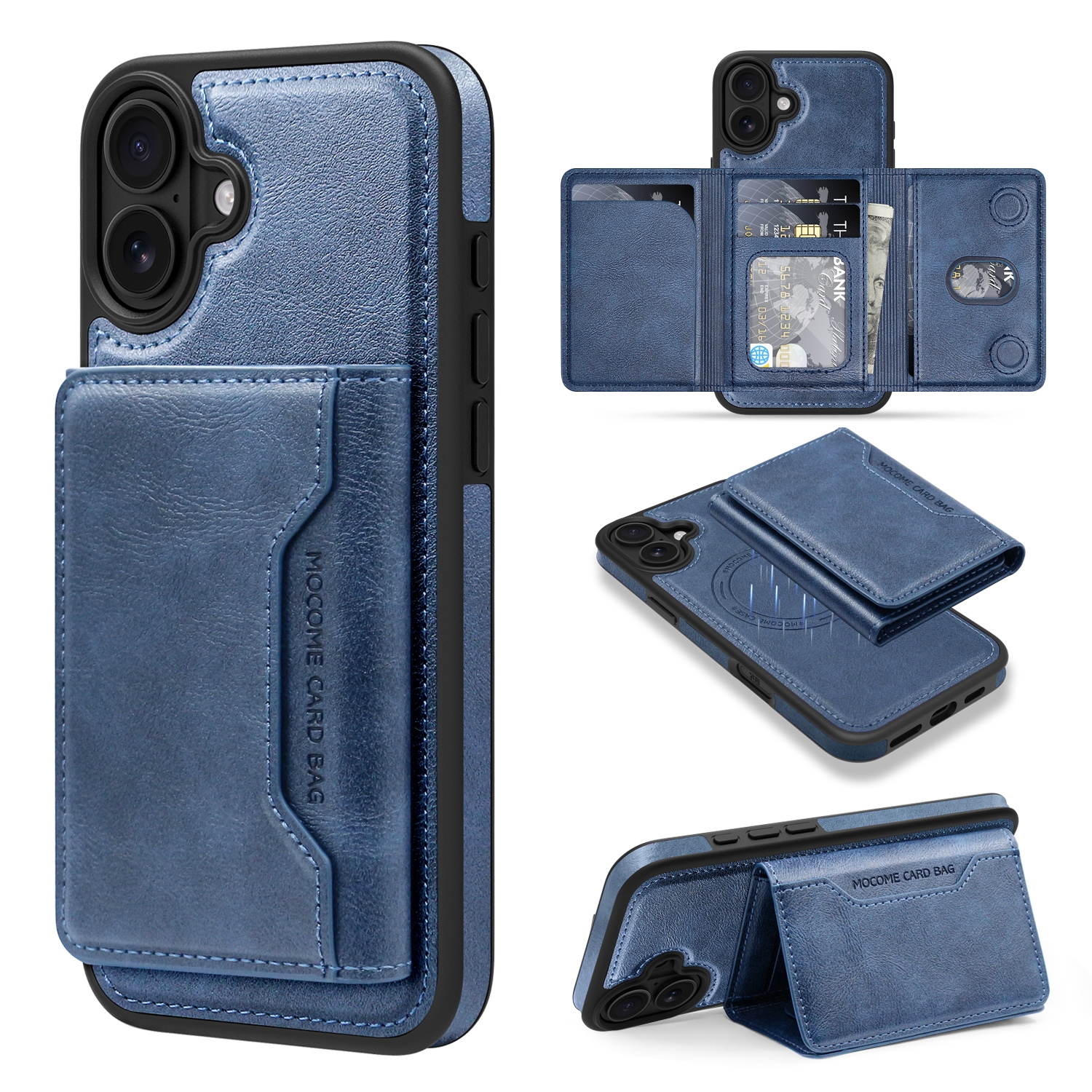 For iPhone 16 Shield Multi-functional MagSafe Card Bag Phone Case(Blue) For iPhone 16 Shield Multi-functional MagSafe Card Bag Phone Case(Blue)