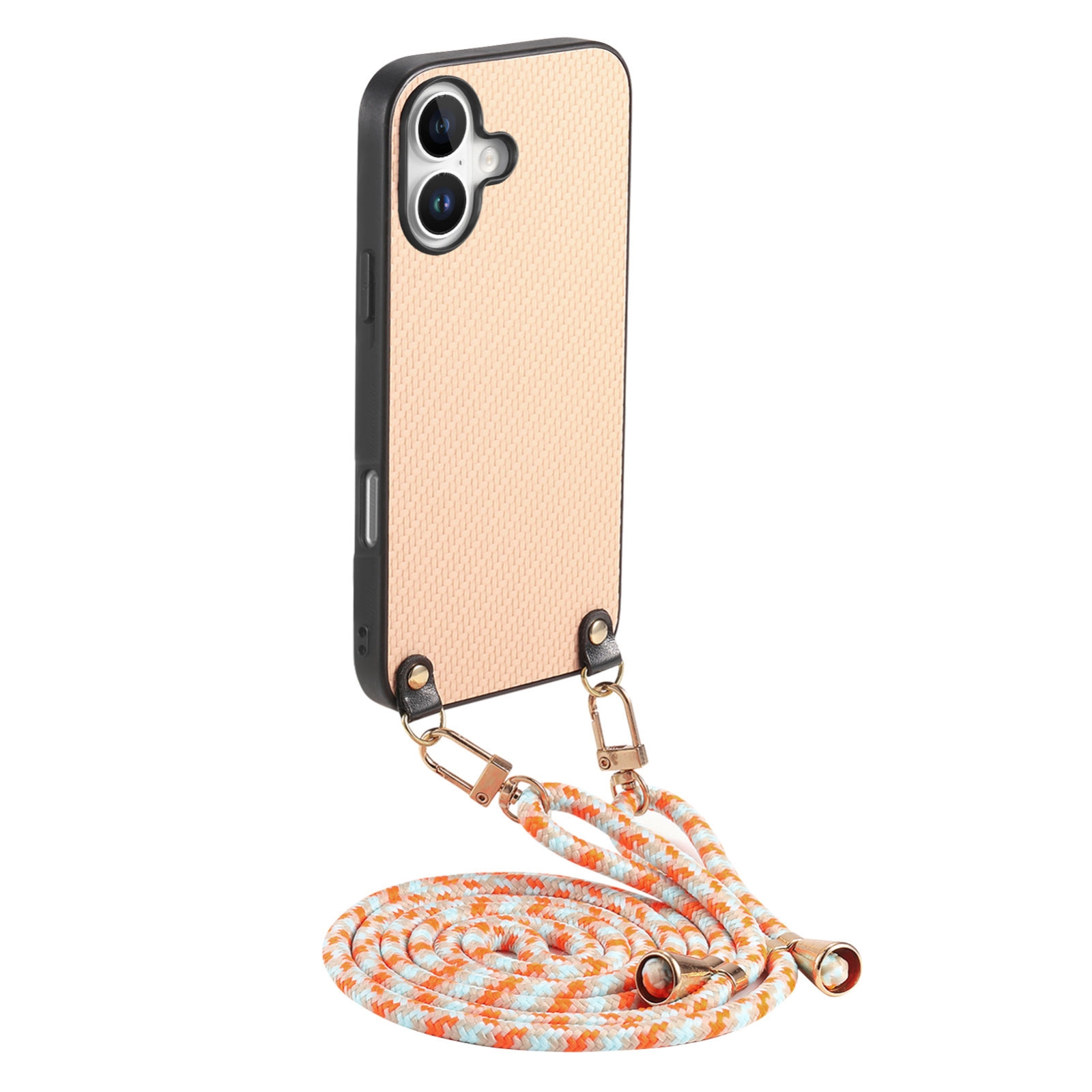 For iPhone 16 Plus Carbon Fiber Texture Leather Back Phone Case with Crossbody Strap(Khaki) For iPhone 16 Plus Carbon Fiber Texture Leather Back Phone Case with Crossbody Strap(Khaki)