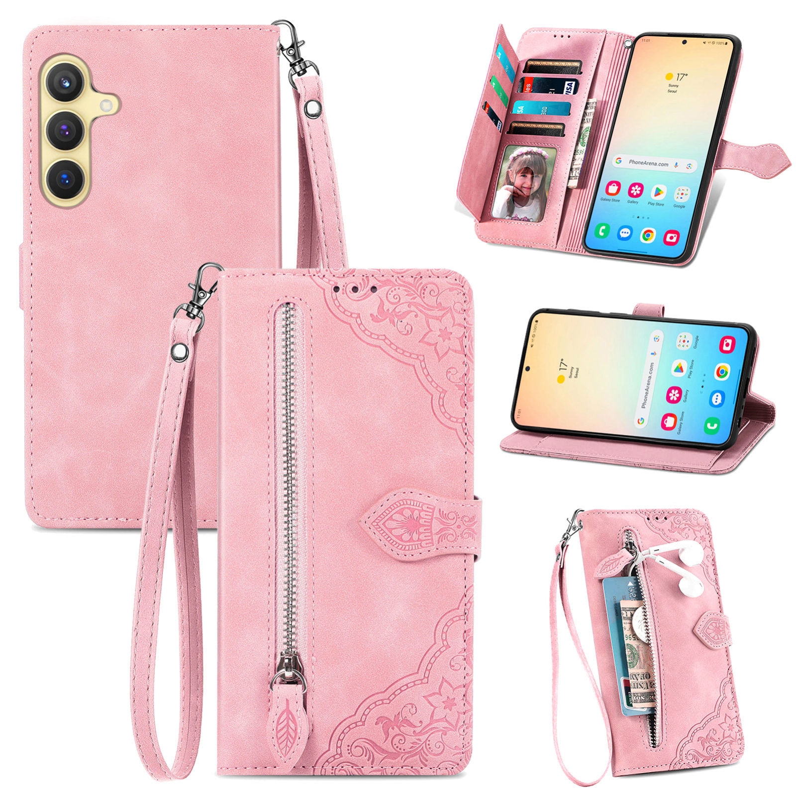 For Samsung Galaxy S25 5G Embossed Flower Zipper Leather Phone Case(Pink) For Samsung Galaxy S25 5G Embossed Flower Zipper Leather Phone Case(Pink)