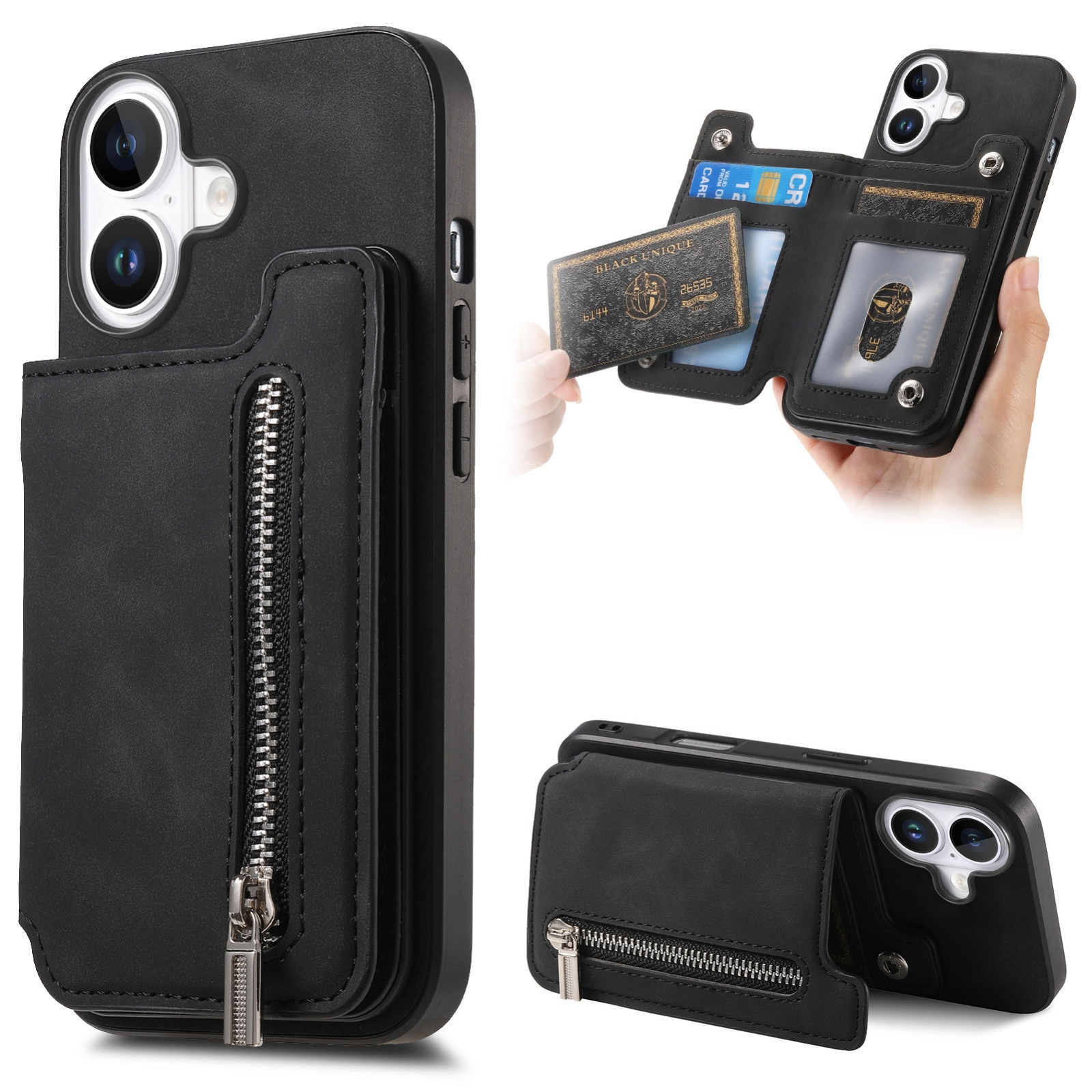 For iPhone 16 Retro MagSafe Zipper Wallet Card Bag Back Phone Case(Black) For iPhone 16 Retro MagSafe Zipper Wallet Card Bag Back Phone Case(Black)