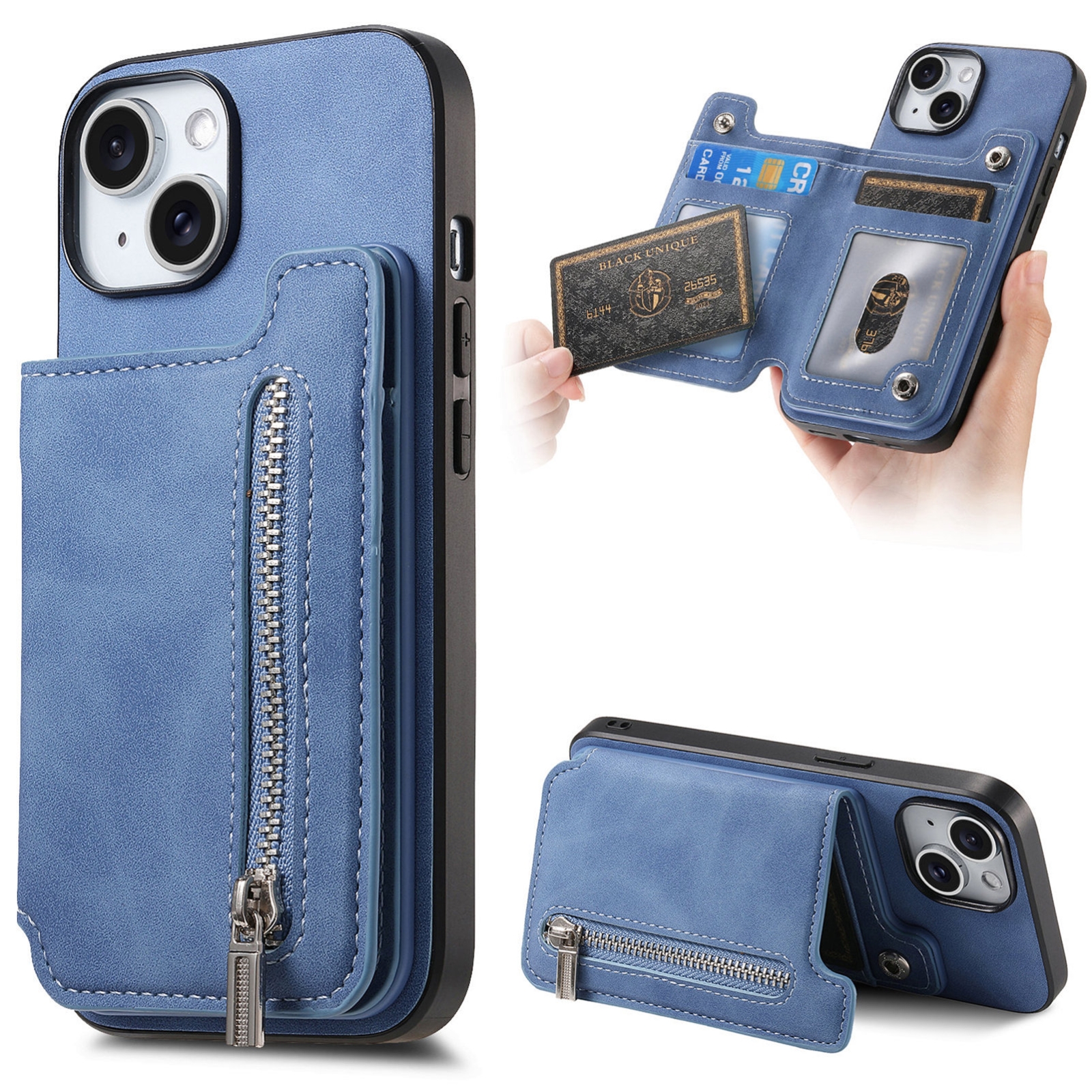 For iPhone 14 Retro MagSafe Zipper Wallet Card Bag Back Phone Case(Blue) For iPhone 14 Retro MagSafe Zipper Wallet Card Bag Back Phone Case(Blue)
