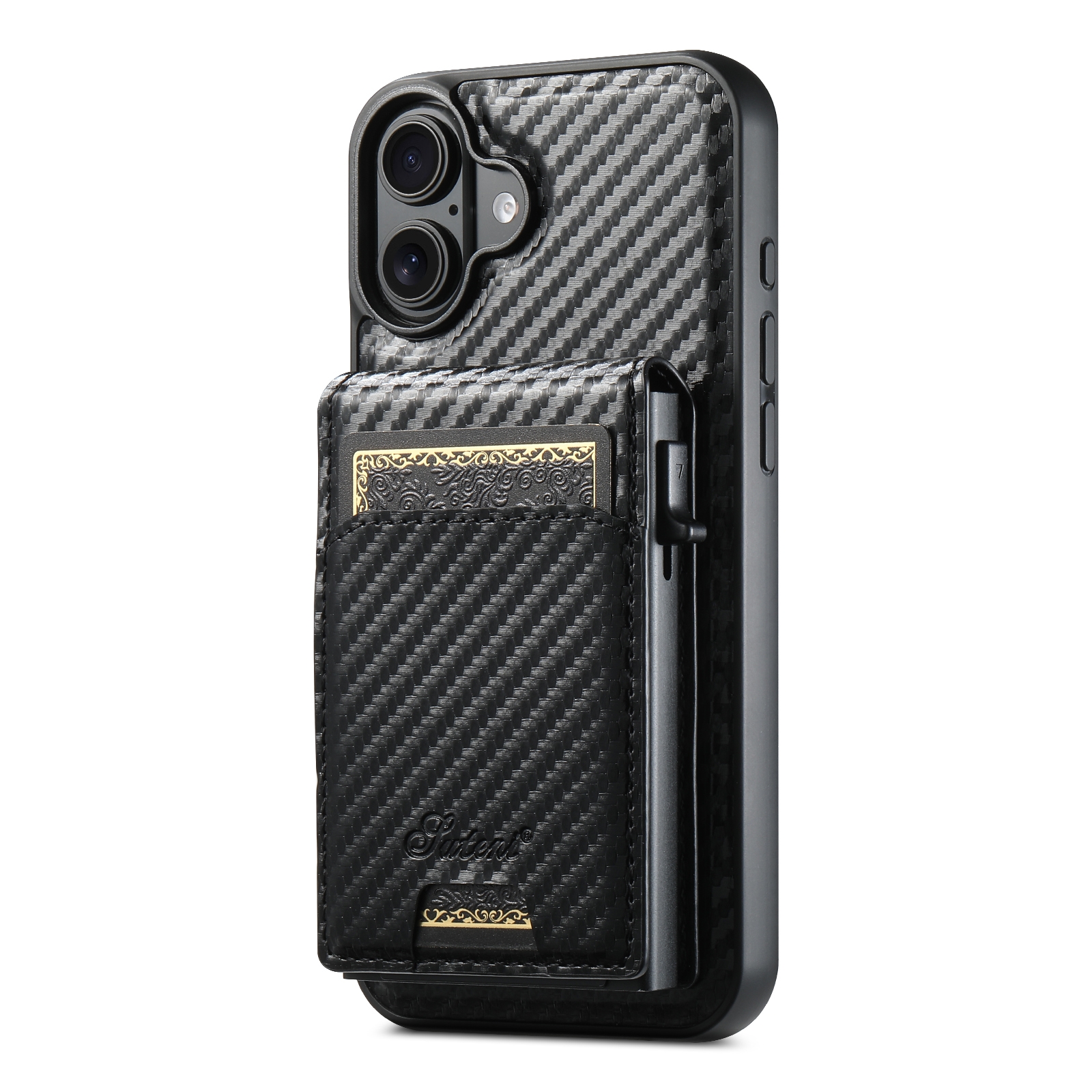 For iPhone 16 Suteni H19 Carbon Fiber Grain 2-in-1 MagSafe Removable Card Box Back Phone Case(Black) For iPhone 16 Suteni H19 Carbon Fiber Grain 2-in-1 MagSafe Removable Card Box Back Phone Case(Black)