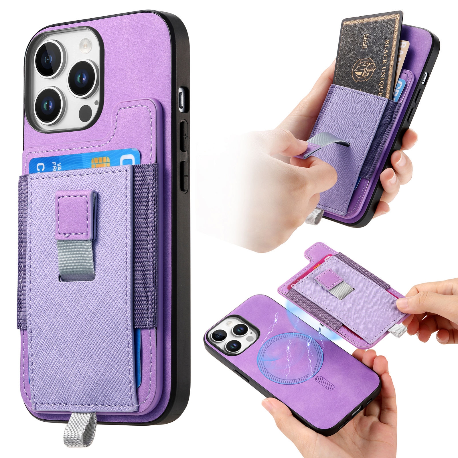 For iPhone 16 Pro Retro Magsafe Cross Leather Pull-Out Card Bag Back Phone Case(Purple) For iPhone 16 Pro Retro Magsafe Cross Leather Pull-Out Card Bag Back Phone Case(Purple)