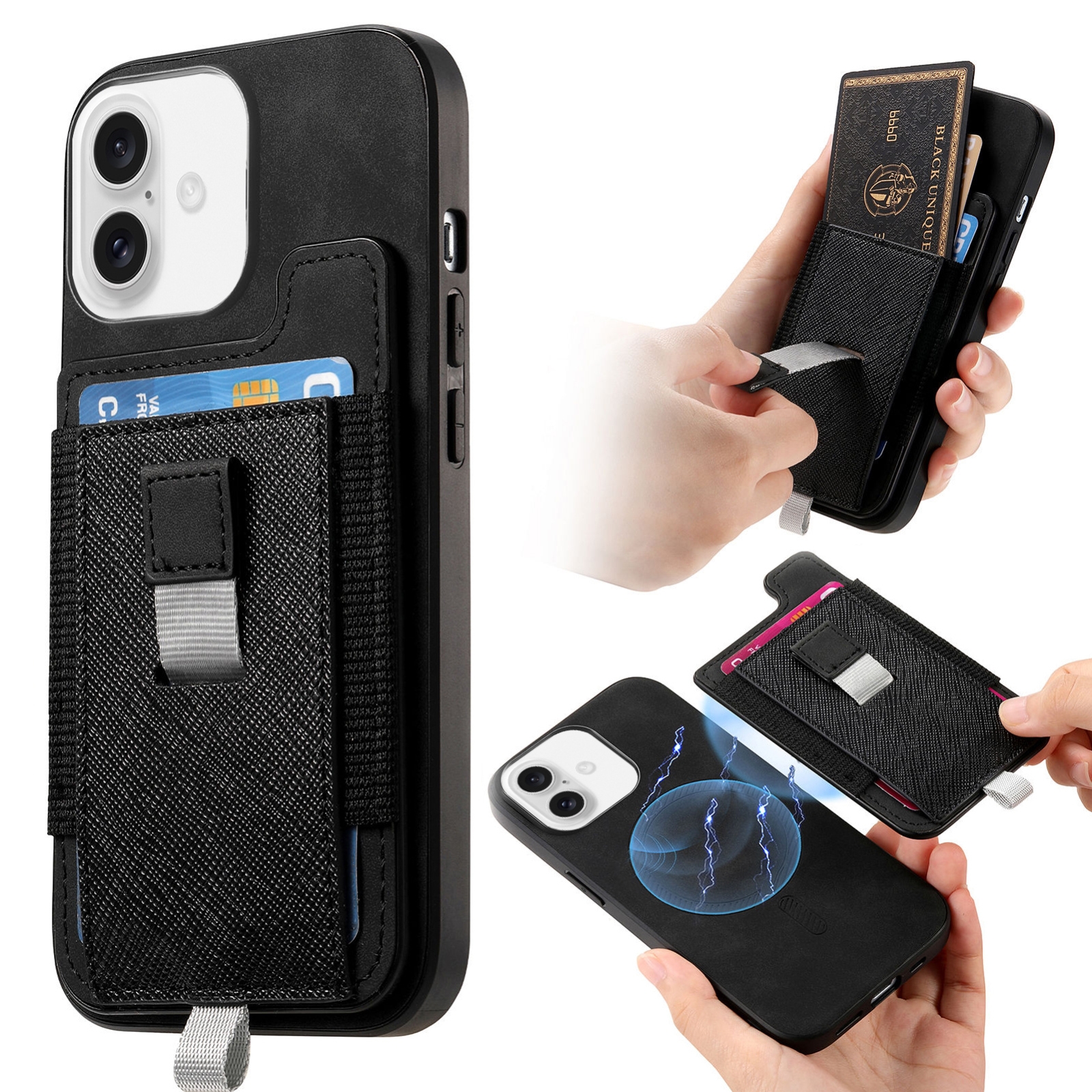 For iPhone 16 Plus Retro Magsafe Cross Leather Pull-Out Card Bag Back Phone Case(Black) For iPhone 16 Plus Retro Magsafe Cross Leather Pull-Out Card Bag Back Phone Case(Black)