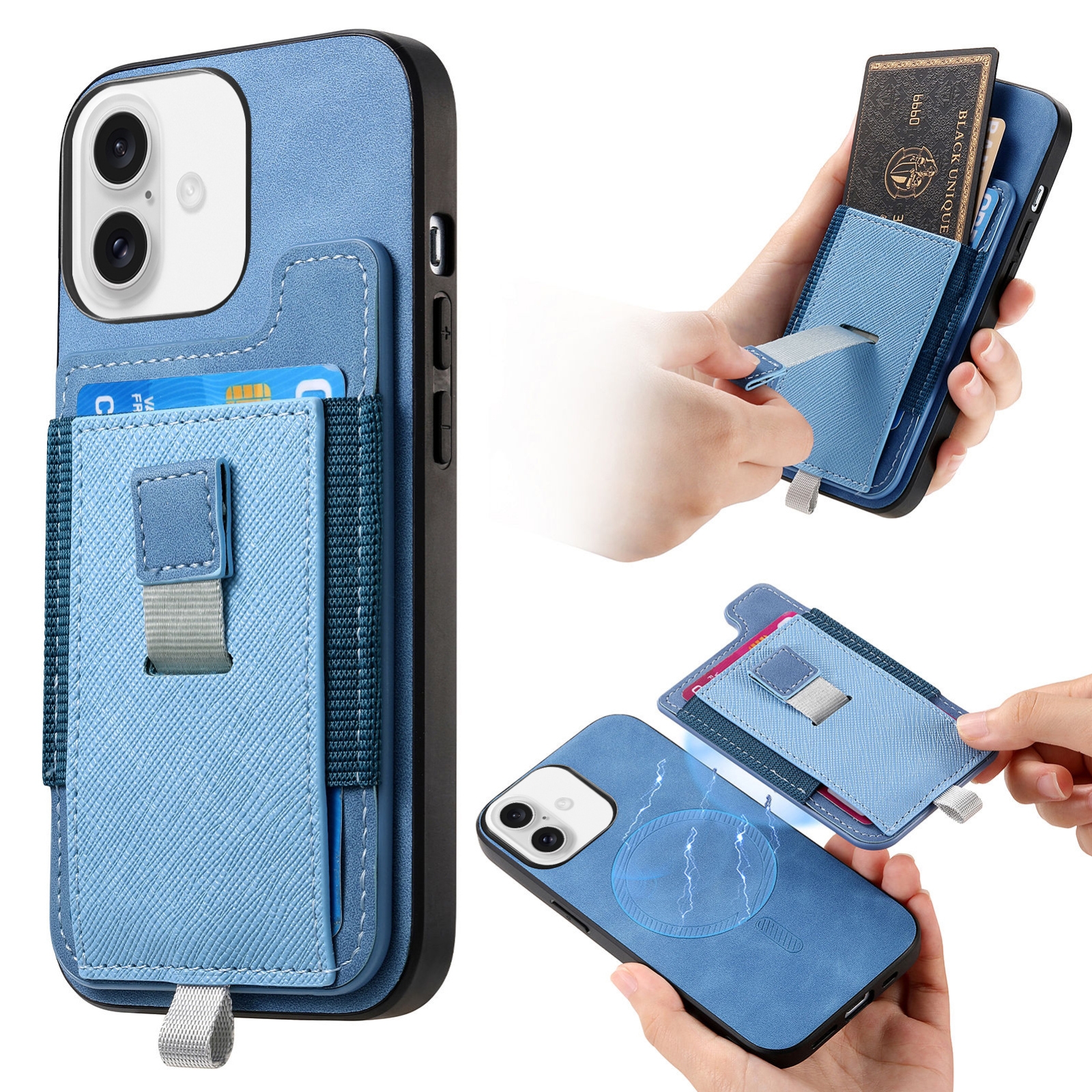 For iPhone 16 Retro Magsafe Cross Leather Pull-Out Card Bag Back Phone Case(Blue) For iPhone 16 Retro Magsafe Cross Leather Pull-Out Card Bag Back Phone Case(Blue)