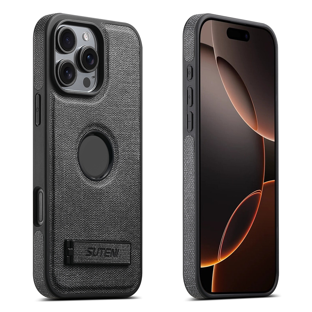 For iPhone 16 Pro Suteni G2 Holder Denim Leather Back MagSafe Phone Case(Black) For iPhone 16 Pro Suteni G2 Holder Denim Leather Back MagSafe Phone Case(Black)