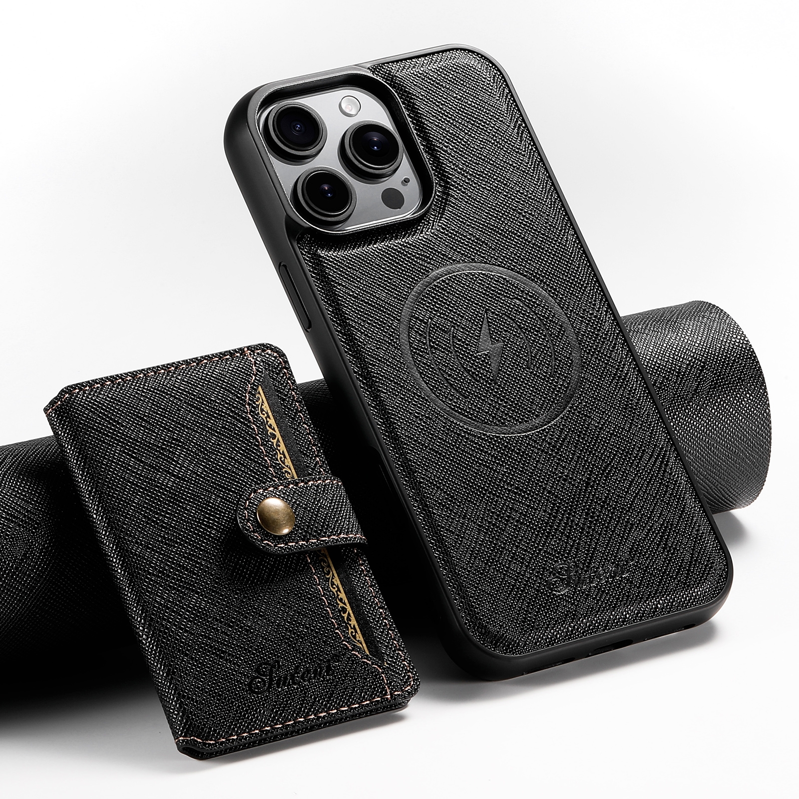 For iPhone 16 Pro Suteni H20 Cross-Grain MagSafe Horizontal Card Bag Back Phone Case(Black) For iPhone 16 Pro Suteni H20 Cross-Grain MagSafe Horizontal Card Bag Back Phone Case(Black)