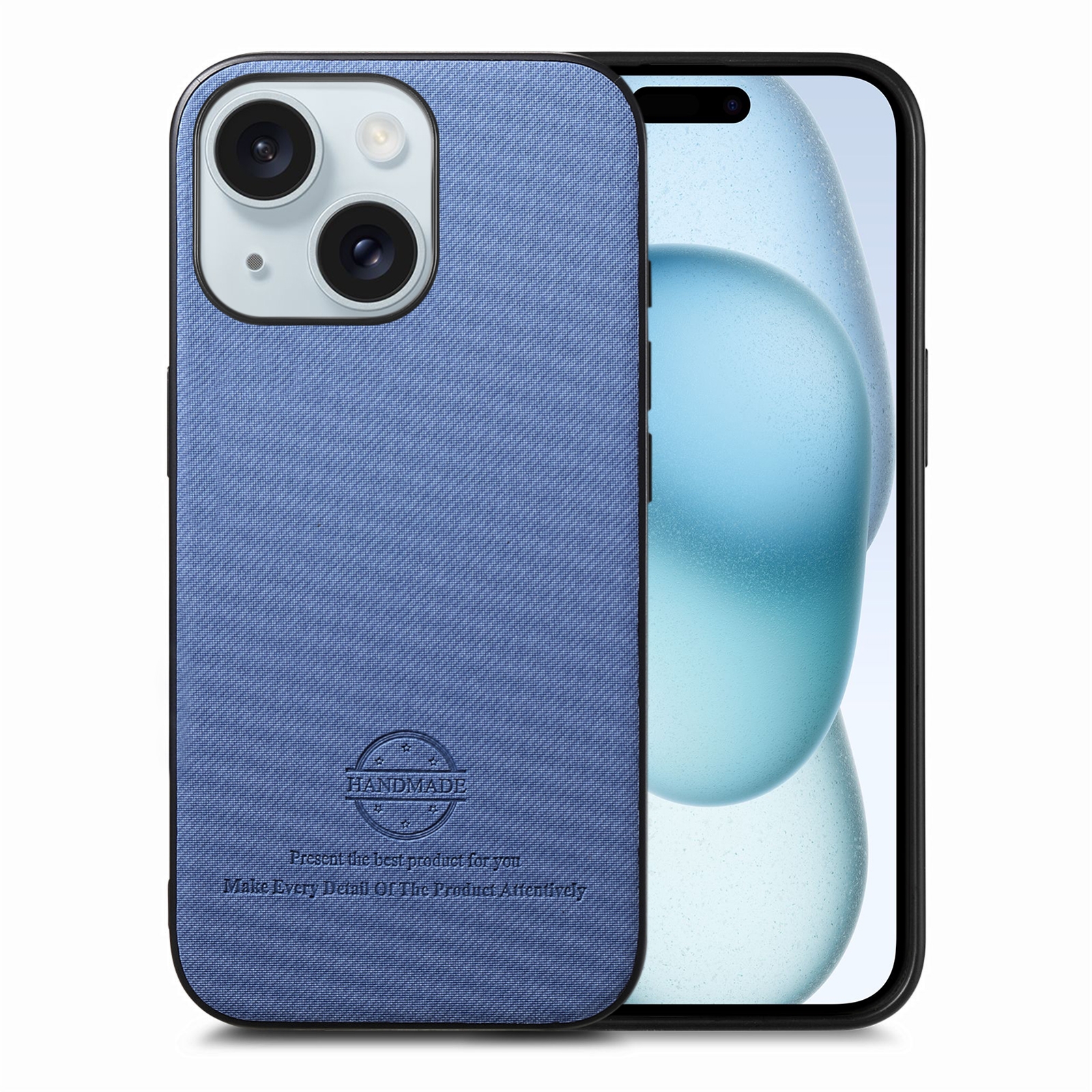 For iPhone 15 Twill Fabric Leather Skin Back Phone Case(Blue) For iPhone 15 Twill Fabric Leather Skin Back Phone Case(Blue)