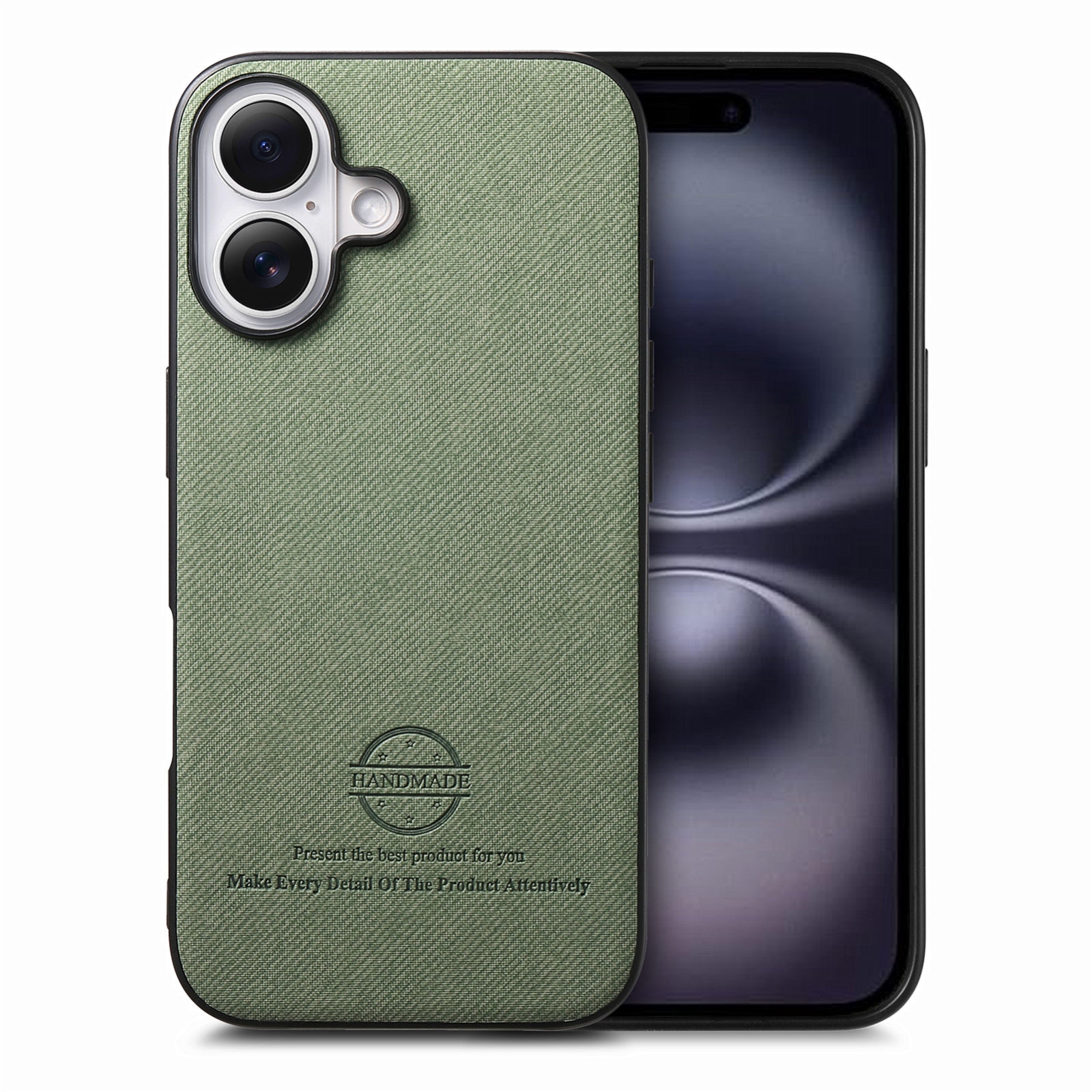 For iPhone 16 Twill Fabric Leather Skin Back Phone Case(Green) For iPhone 16 Twill Fabric Leather Skin Back Phone Case(Green)