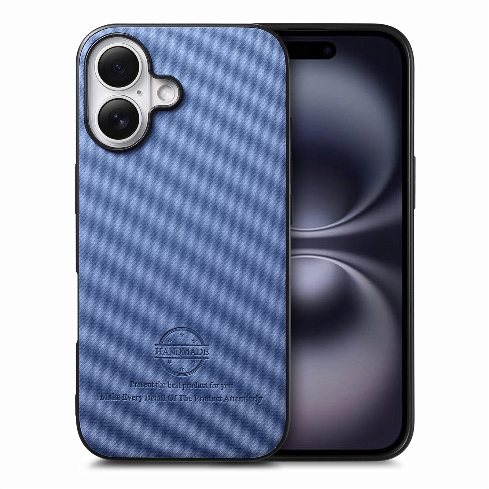 For iPhone 16 Plus Twill Fabric Leather Skin Back Phone Case(Blue) For iPhone 16 Plus Twill Fabric Leather Skin Back Phone Case(Blue)