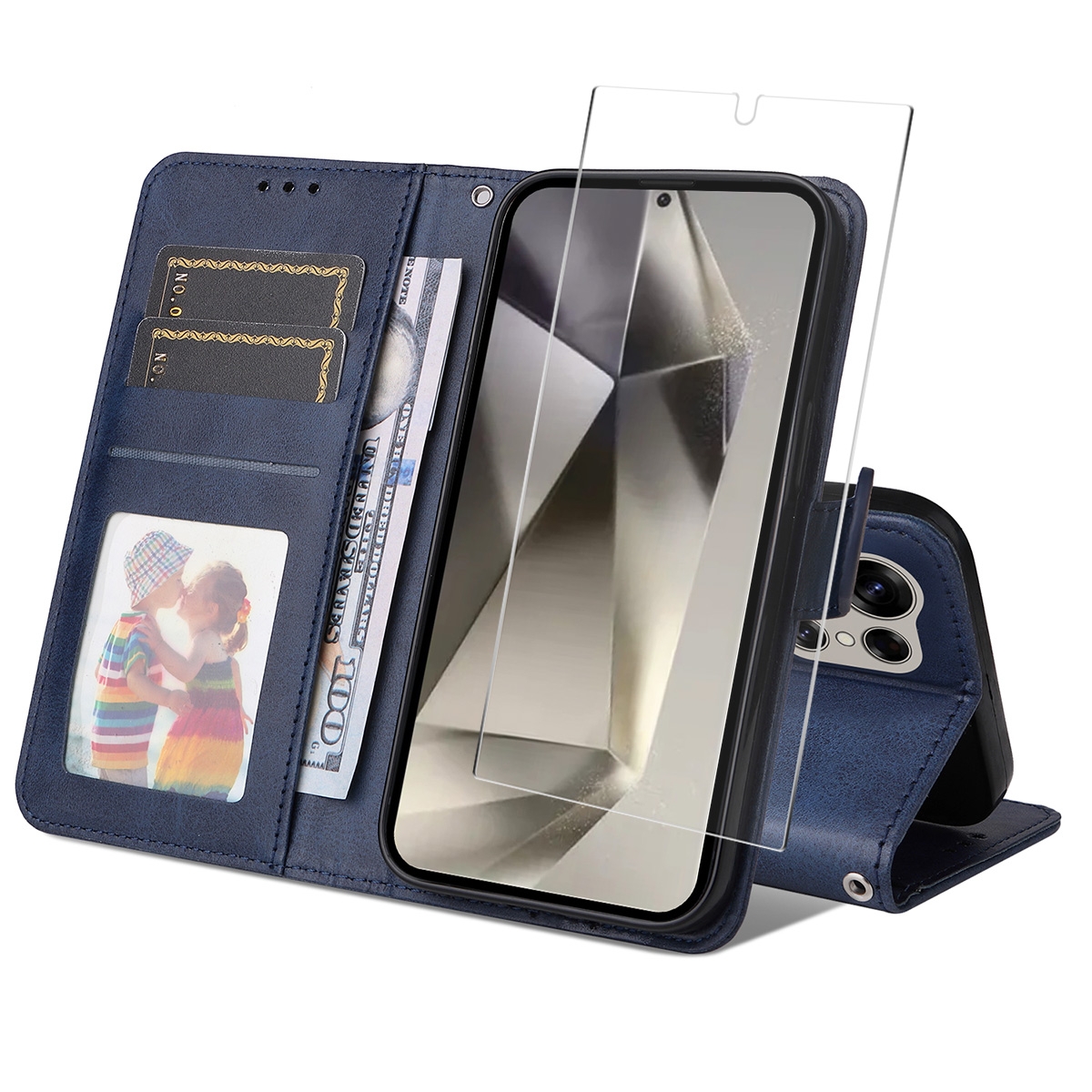 For Samsung Galaxy S25 Ultra 5G ENKAY Card Wallet Calf Texture Leather Phone Case with Screen Film(Blue) For Samsung Galaxy S25 Ultra 5G ENKAY Card Wallet Calf Texture Leather Phone Case with Screen Film(Blue)