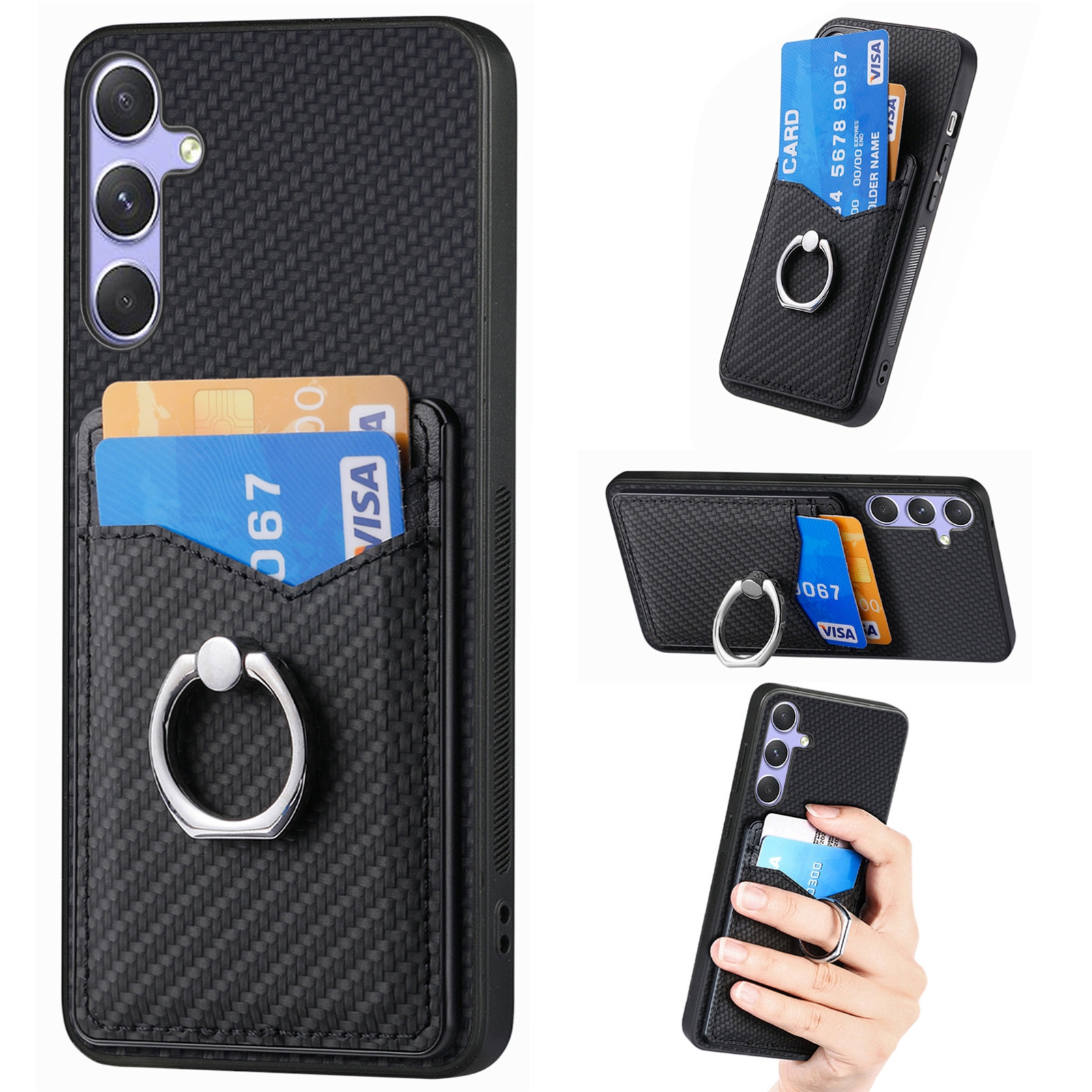 For Samsung Galaxy S25 5G Carbon Fiber Card Wallet Ring Phone Case(Black) For Samsung Galaxy S25 5G Carbon Fiber Card Wallet Ring Phone Case(Black)