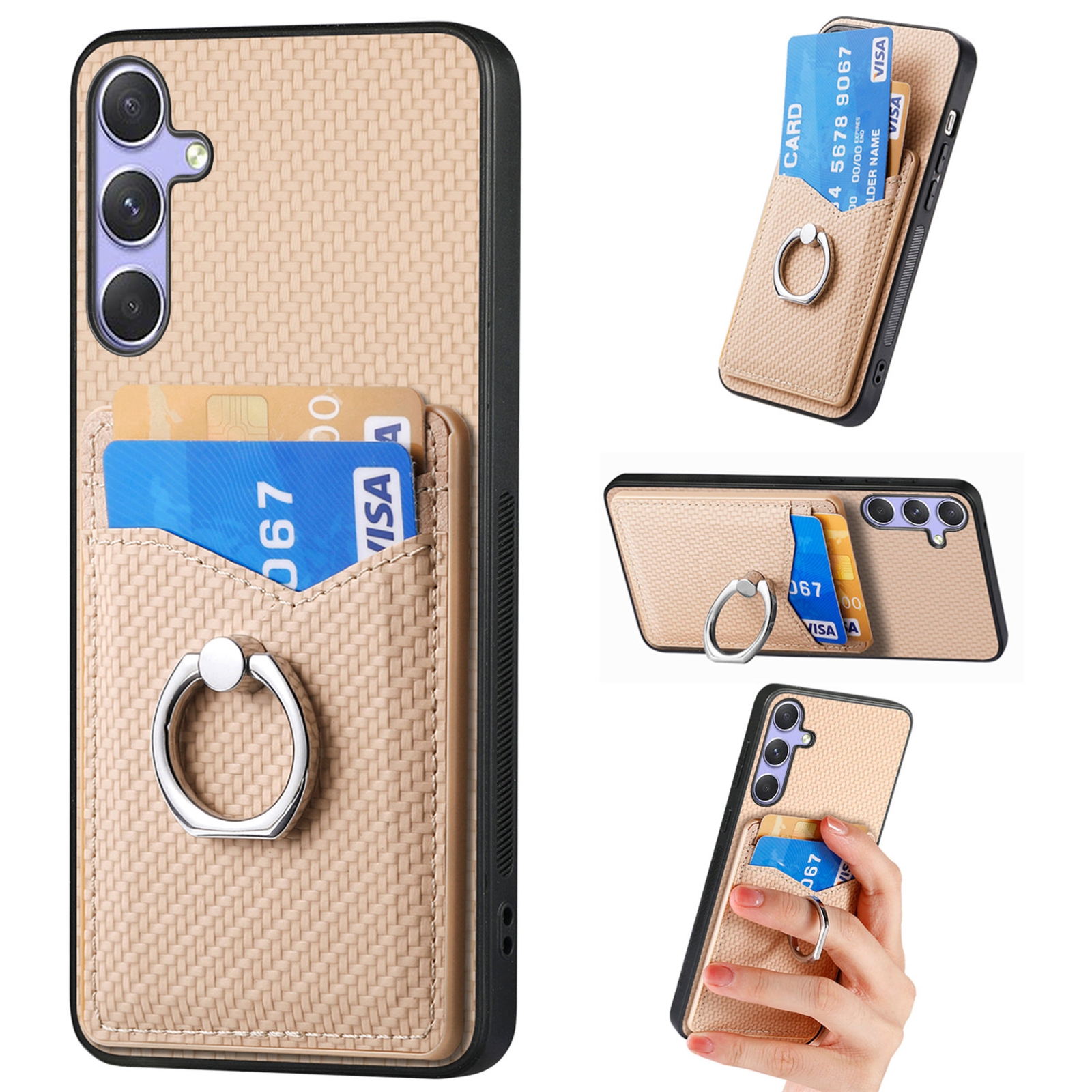 For Samsung Galaxy S25 Ultra 5G Carbon Fiber Card Wallet Ring Phone Case(Khaki) For Samsung Galaxy S25 Ultra 5G Carbon Fiber Card Wallet Ring Phone Case(Khaki)