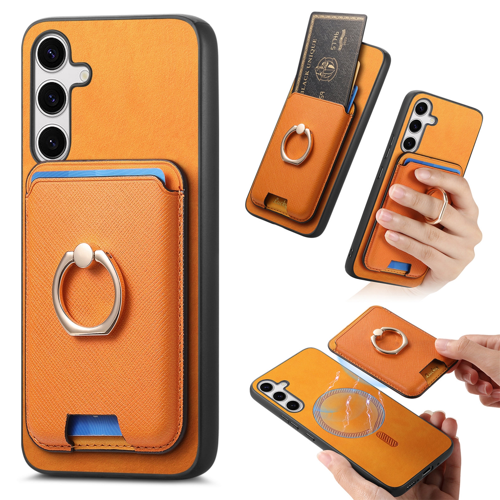 For Samsung Galaxy S25 5G Retro Cross Leather Ring Vertical Insert Card Bag MagSafe Phone Case(Yellow)