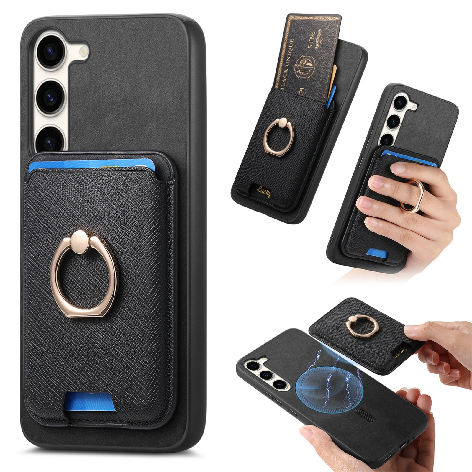 For Samsung Galaxy S23+ 5G Retro Cross Leather Ring Vertical Insert Card Bag MagSafe Phone Case(Black) For Samsung Galaxy S23+ 5G Retro Cross Leather Ring Vertical Insert Card Bag MagSafe Phone Case(Black)