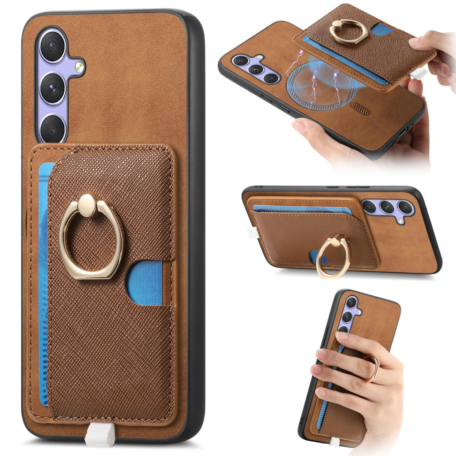 For Samsung Galaxy S24 FE 5G Retro Cross Leather Ring Side Insert Card Bag MagSafe Phone Case(Brown) For Samsung Galaxy S24 FE 5G Retro Cross Leather Ring Side Insert Card Bag MagSafe Phone Case(Brown)