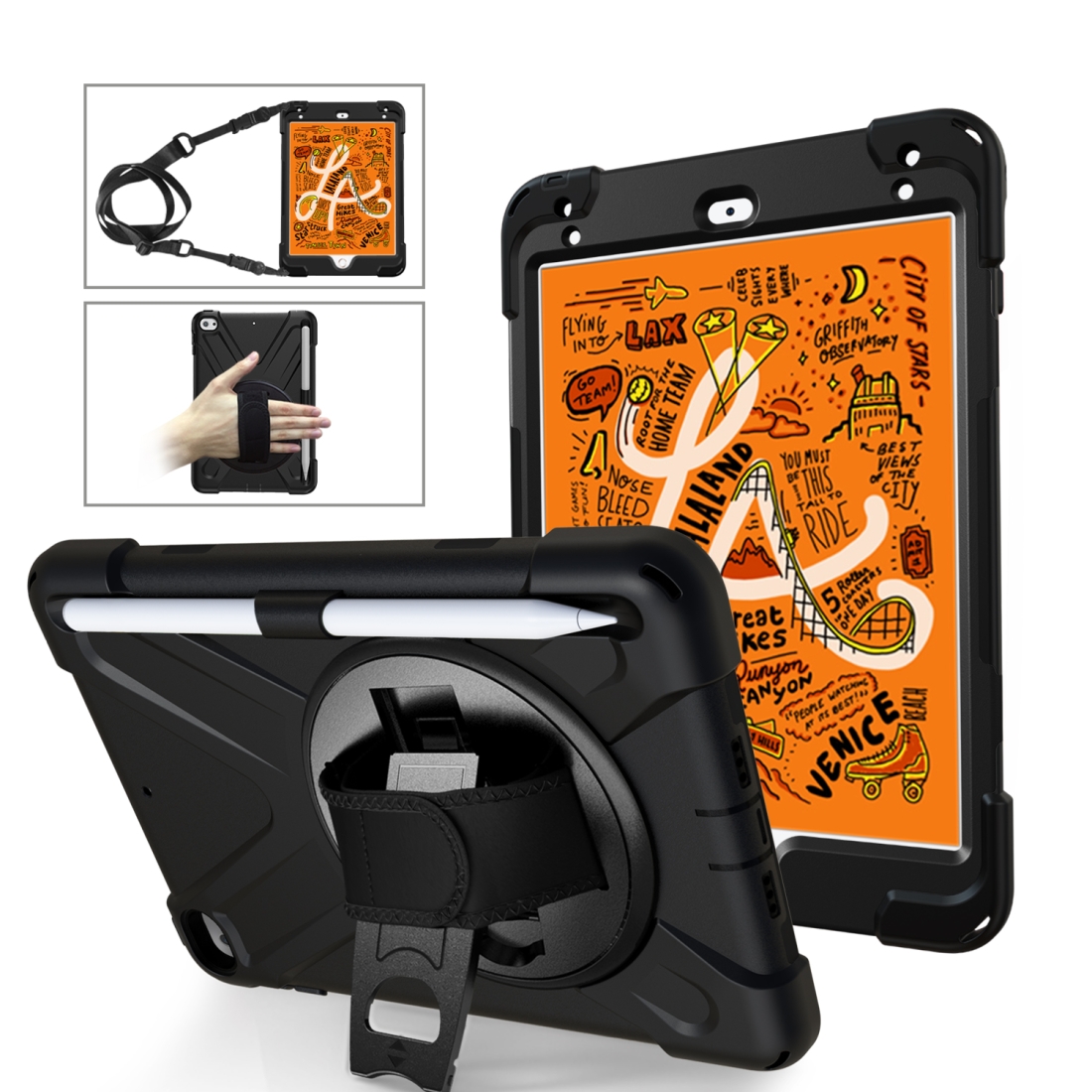 For iPad Mini 2019 / Mini 4 Shockproof Colorful Silicone + PC Protective Case with Holder & Shoulder Strap & Hand Strap & Pen Slot(Black) For iPad Mini 2019 / Mini 4 Shockproof Colorful Silicone + PC Protective Case with Holder & Shoulder Strap & Hand Strap & Pen Slot(Black)