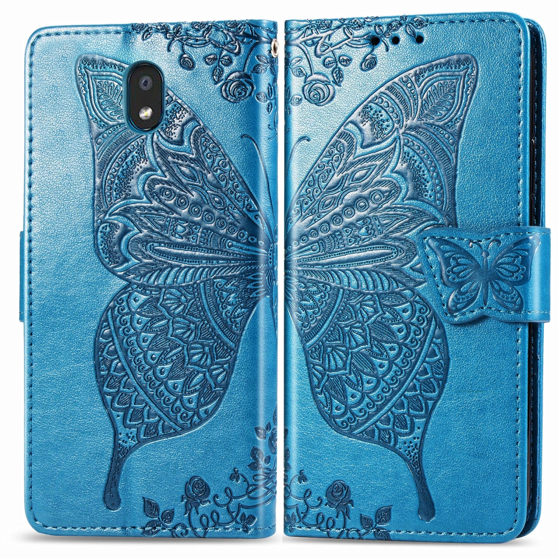 For LG K30 2019  Butterfly Love Flower Embossed Horizontal Flip Leather Case with Bracket Lanyard Card Slot Wallet(Blue)