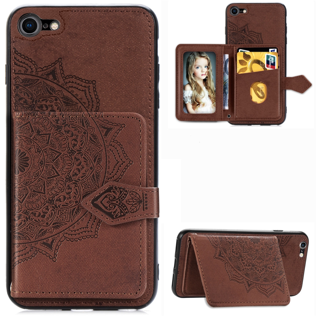 For iPhone SE 2022 / SE 2020 / 8 / 7 Mandala Embossed Magnetic Cloth PU + TPU + PC Case with Holder & Card Slots & Wallet & Photo Frame & Strap(Brown) For iPhone SE 2022 / SE 2020 / 8 / 7 Mandala Embossed Magnetic Cloth PU + TPU + PC Case with Holder & Card Slots & Wallet & Photo Frame & Strap(Brown)
